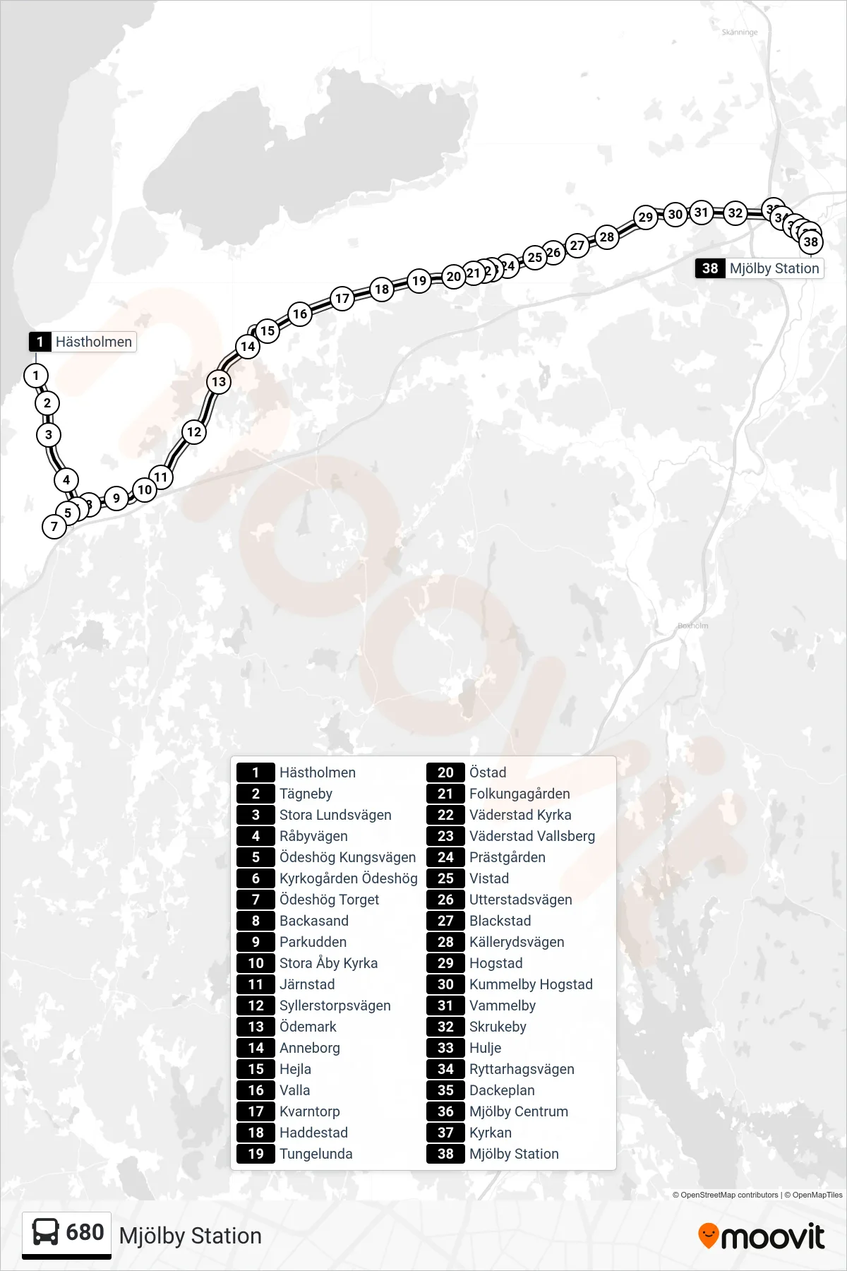 Rutt och hållplatser på karta för linje 680 spårvagn, (Mjölby Station)