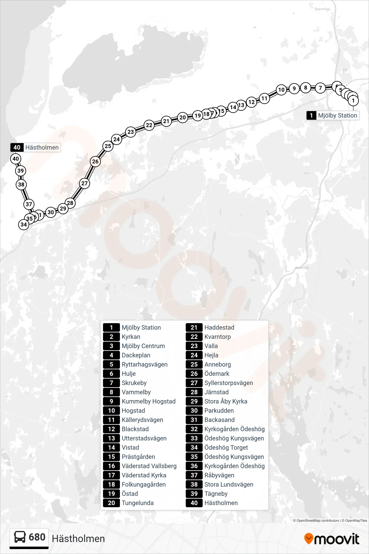 Rutt och hållplatser på karta för linje 680 spårvagn, (Hästholmen)