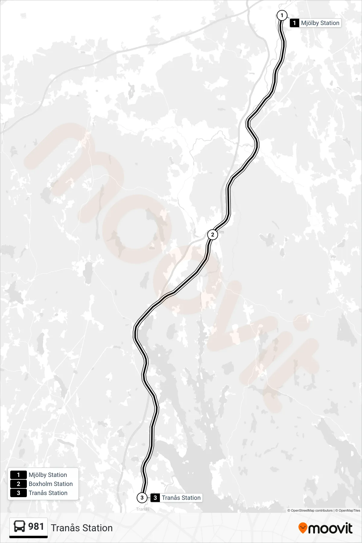 Rutt och hållplatser på karta för linje 981  spårvagn, (Tranås Station)