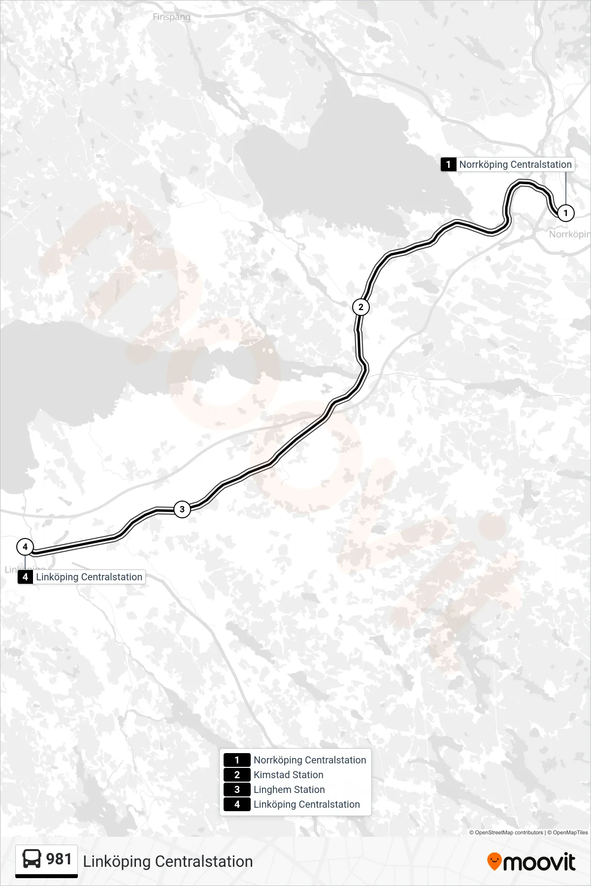 Rutt och hållplatser på karta för linje 981 spårvagn, (Linköping Centralstation)