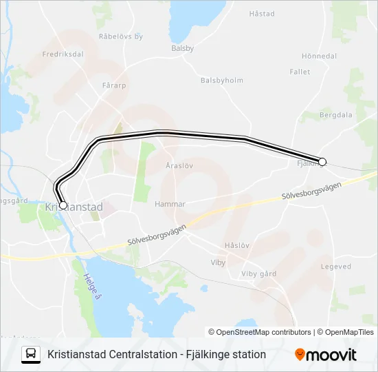 KRISTIANSTAD CENTRALSTATION - FJÄLKINGE STATION  Line Map