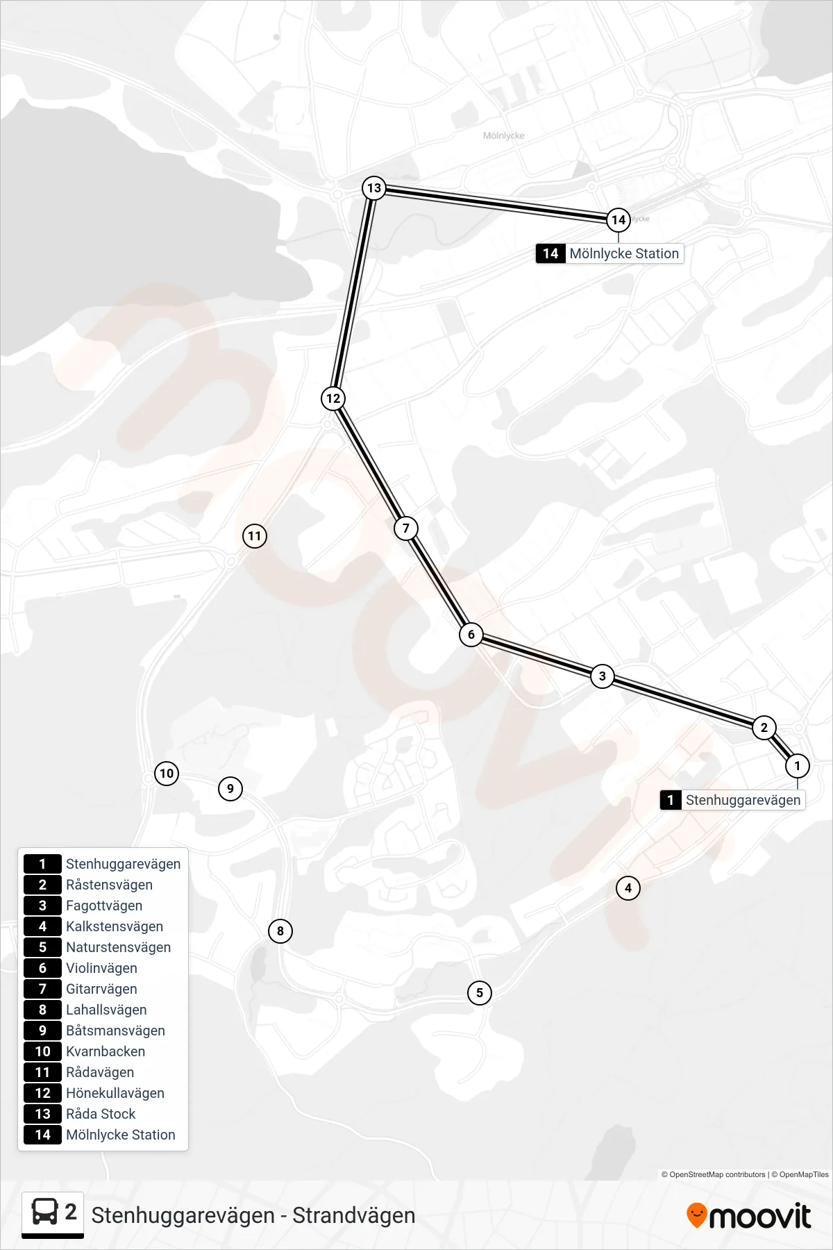 Rutt och hållplatser på karta för linje 2  spårvagn, (Mölnlycke Station)
