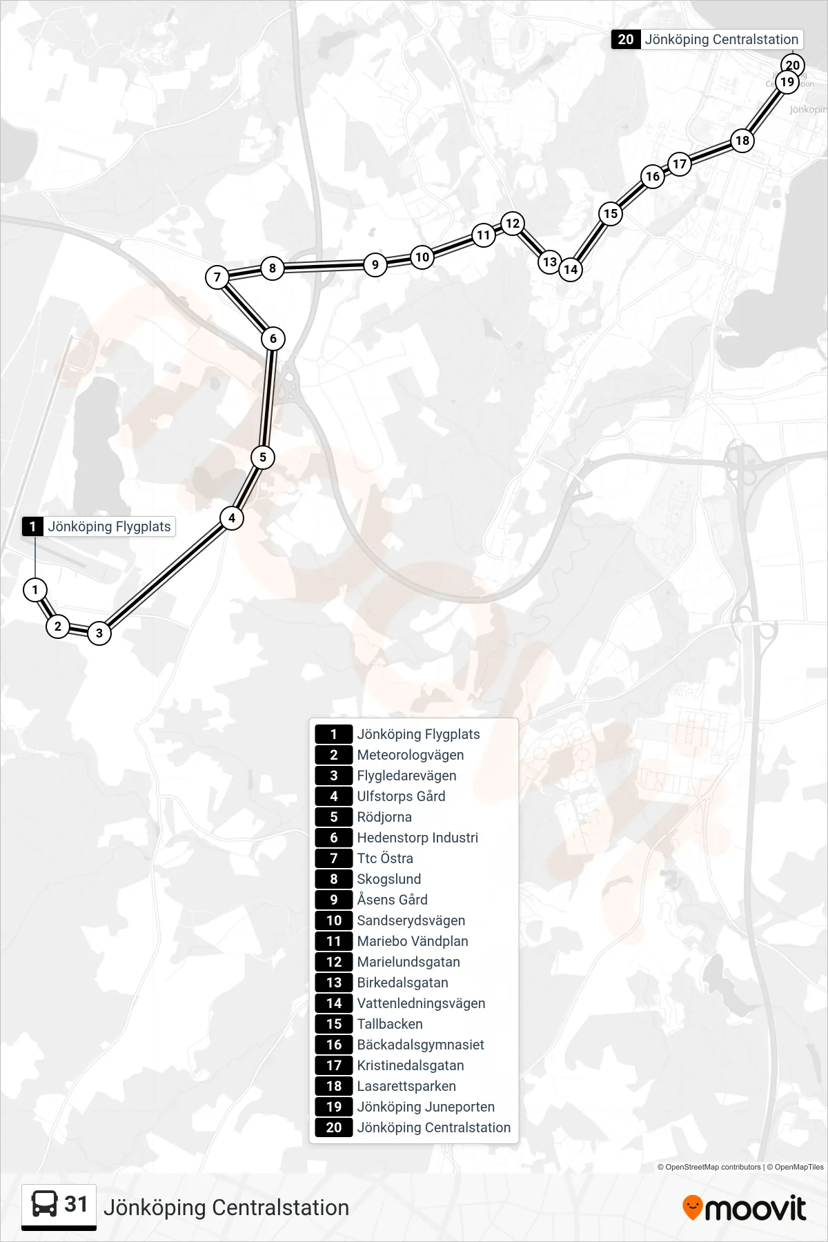 Rutt och hållplatser på karta för linje 31 spårvagn, (Jönköping Centralstation)