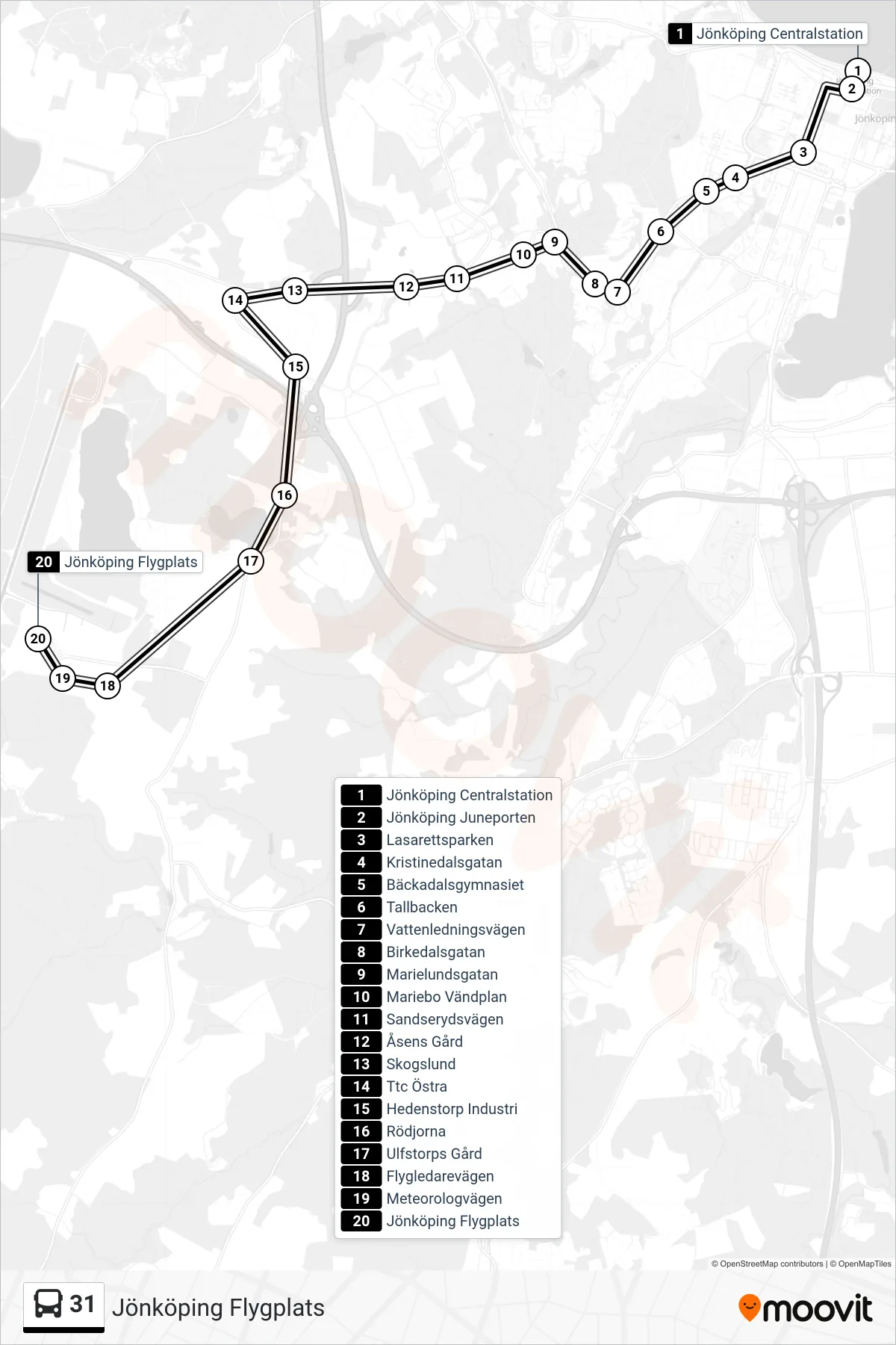 Rutt och hållplatser på karta för linje 31 spårvagn, (Jönköping Flygplats)