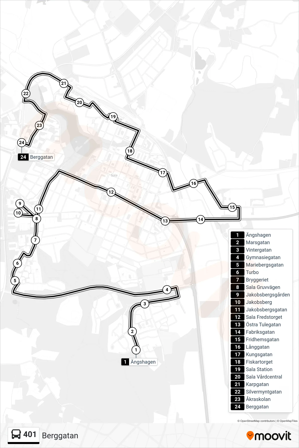 Rutt och hållplatser på karta för linje 401 spårvagn, (Berggatan)