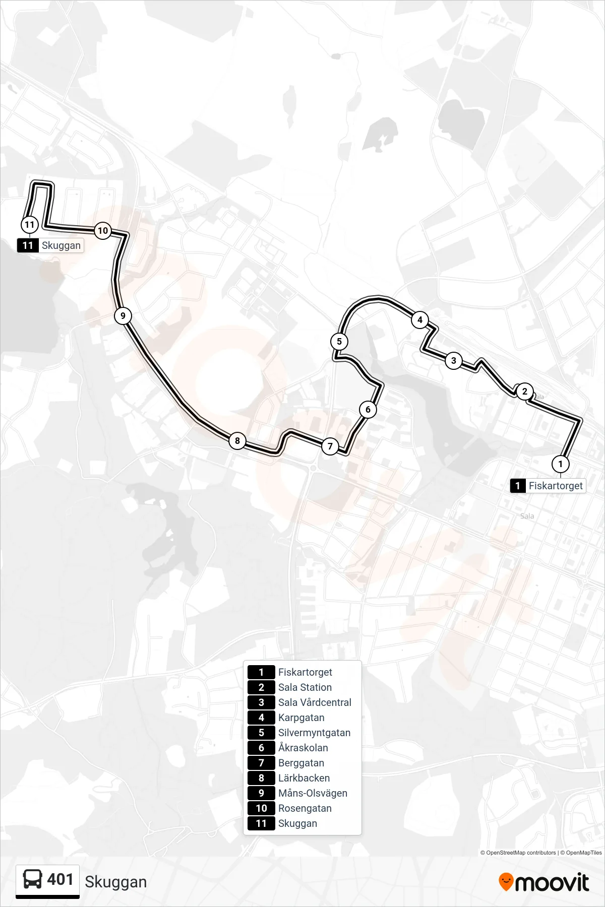 Rutt och hållplatser på karta för linje 401  spårvagn, (Skuggan)