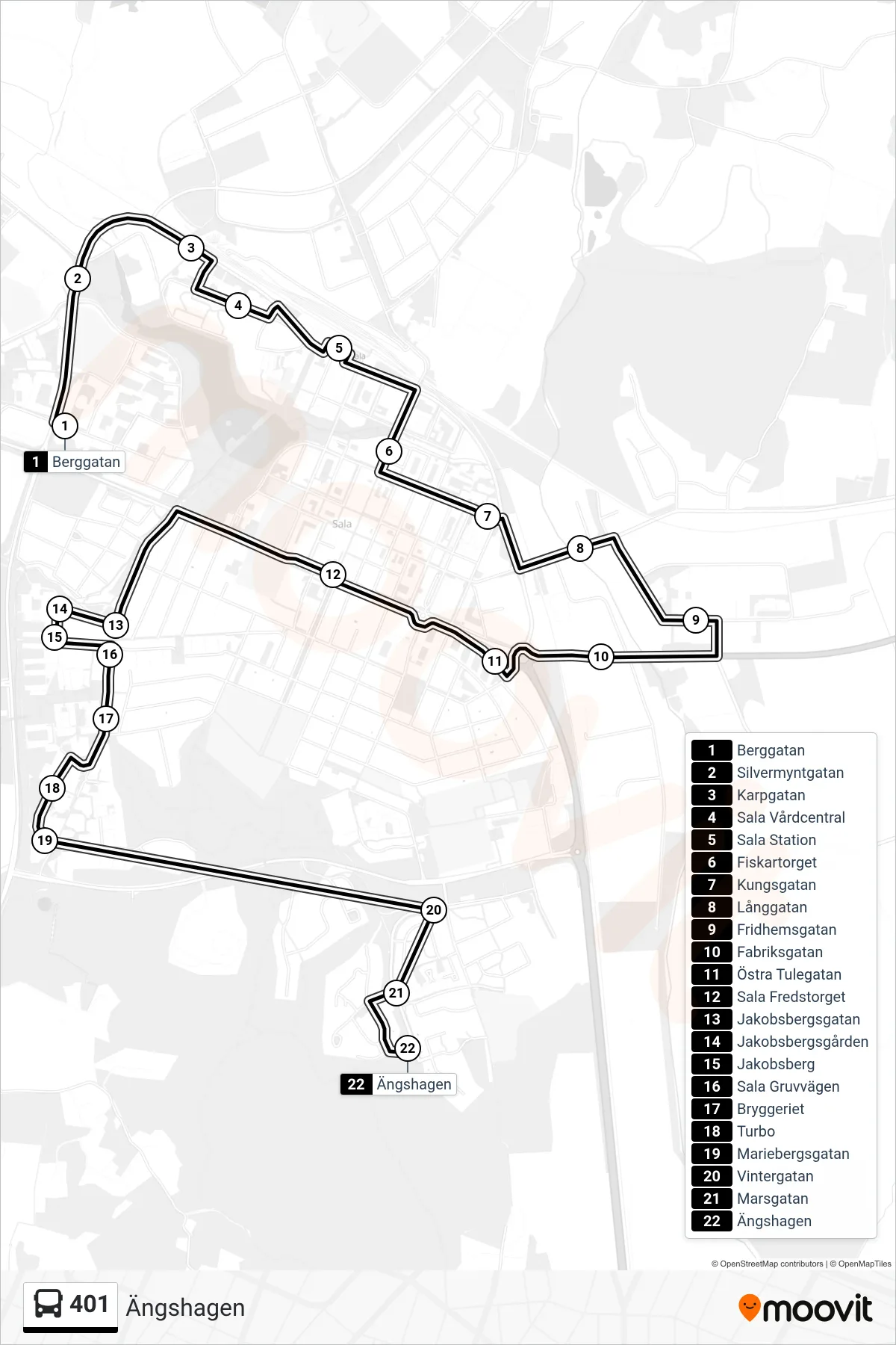 Rutt och hållplatser på karta för linje 401 spårvagn, (Ängshagen)