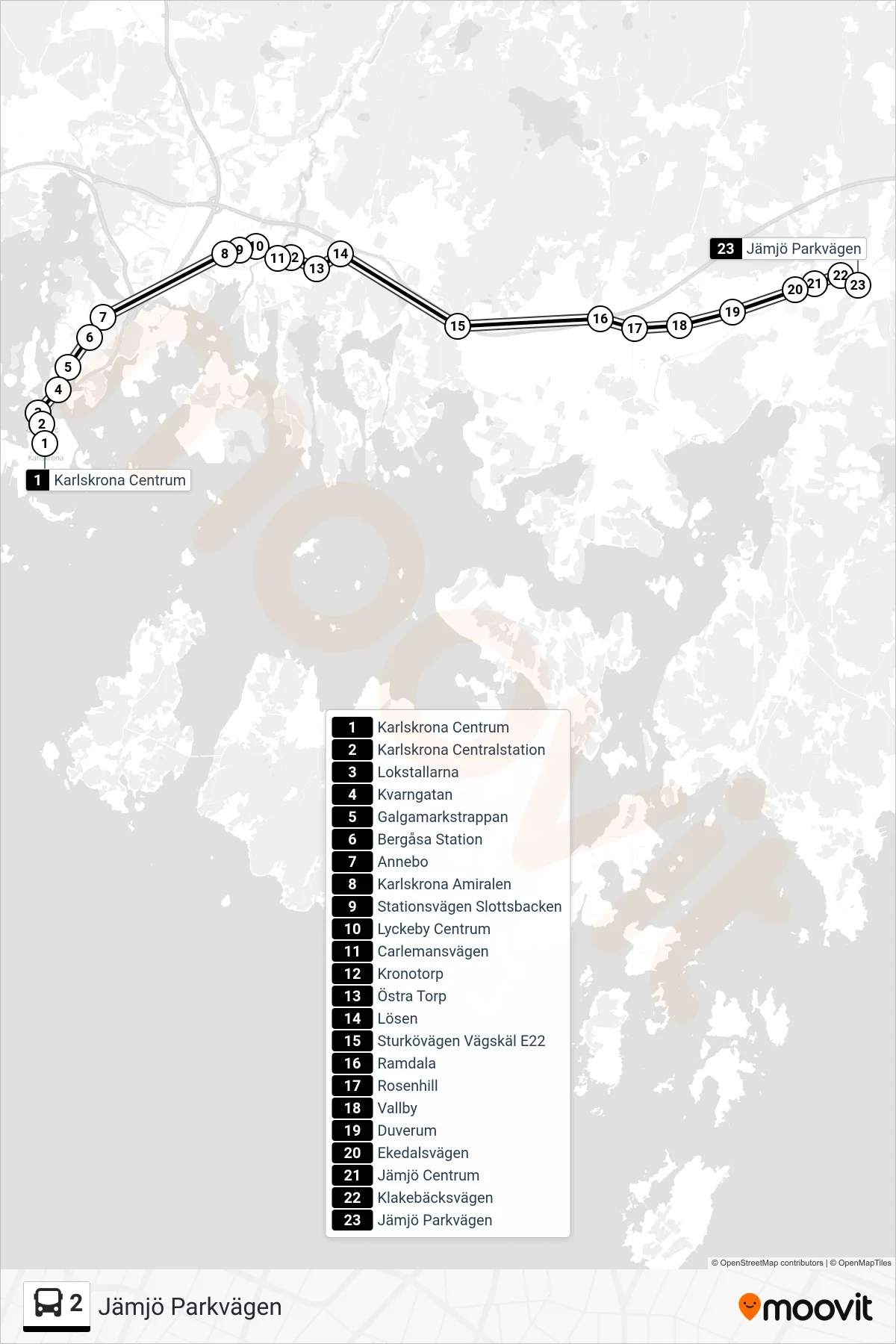 Rutt och hållplatser på karta för linje 2 buss, (Jämjö Parkvägen)