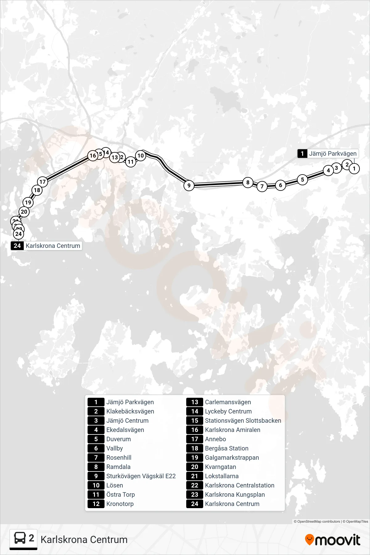 Rutt och hållplatser på karta för linje 2 buss, (Karlskrona Centrum)