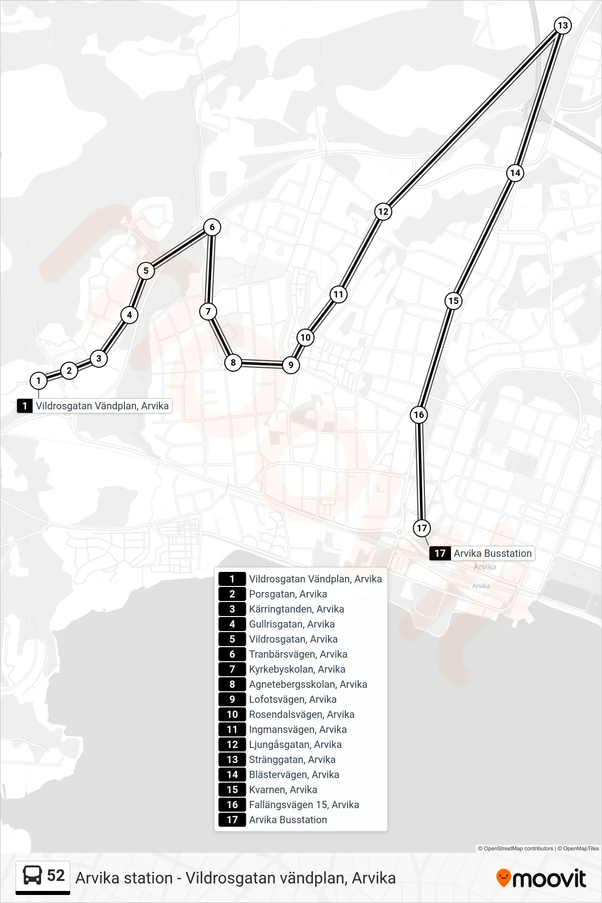 Rutt och hållplatser på karta för linje 52  spårvagn, (Arvika Busstation)
