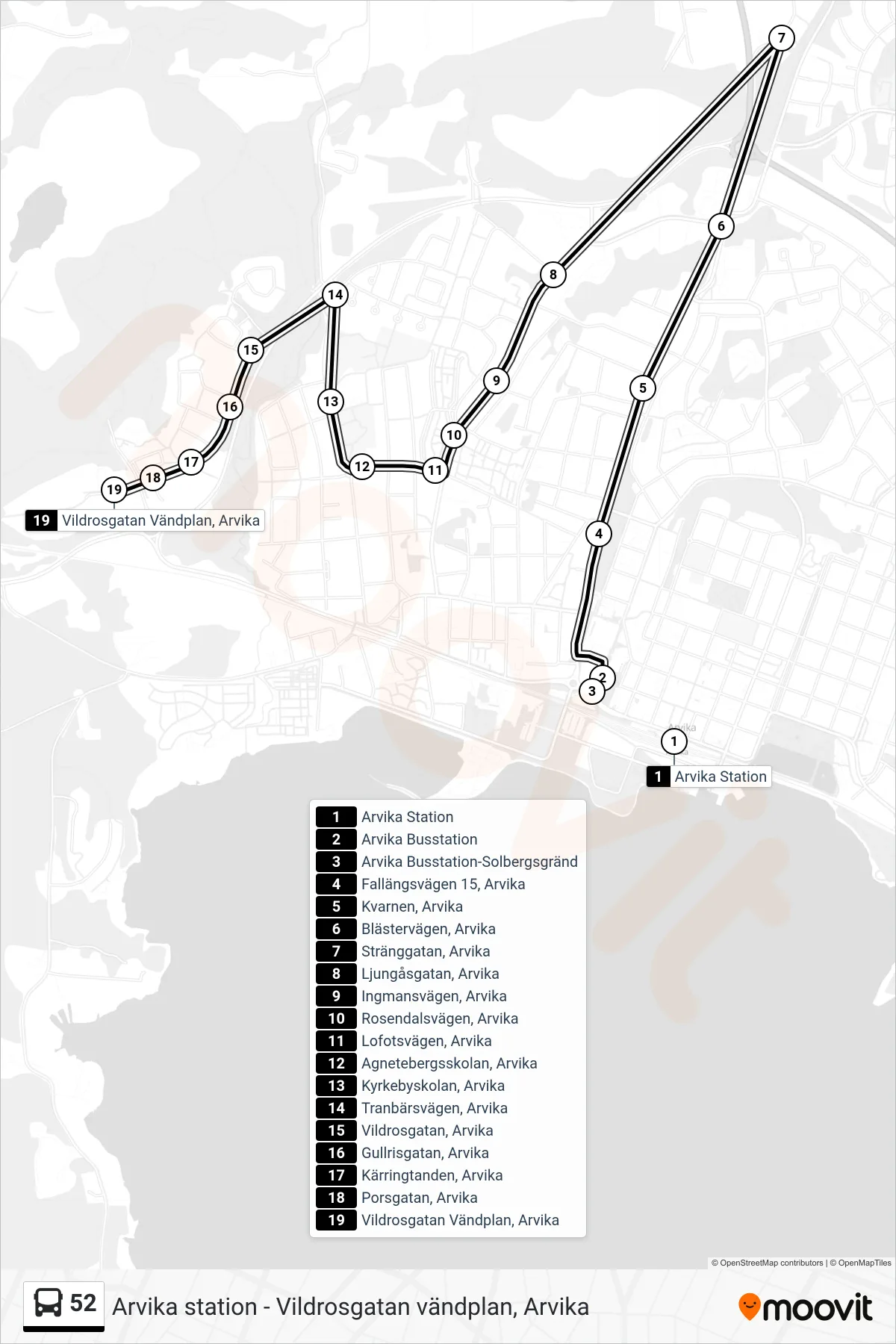 Rutt och hållplatser på karta för linje 52 spårvagn, (Vildrosgatan Vändplan, Arvika)