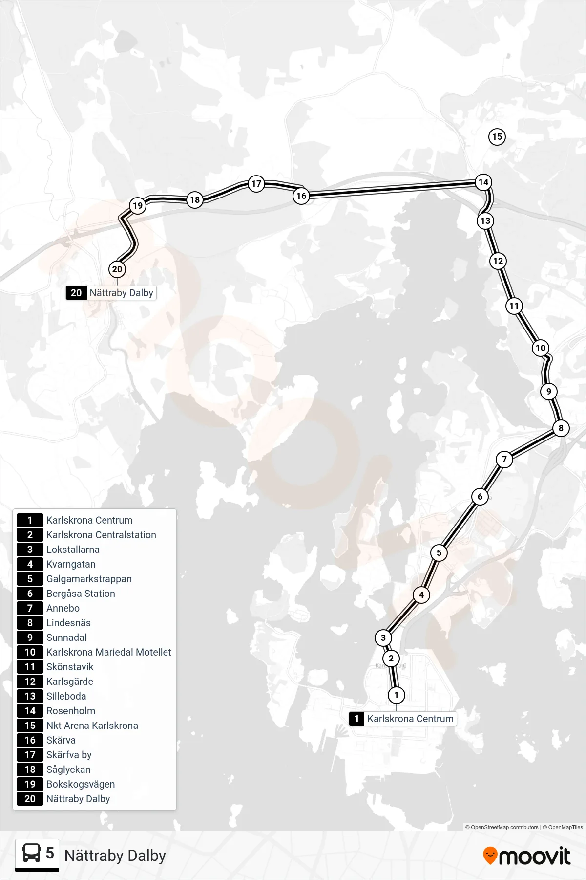 Rutt och hållplatser på karta för linje 5 buss, (Nättraby Dalby)
