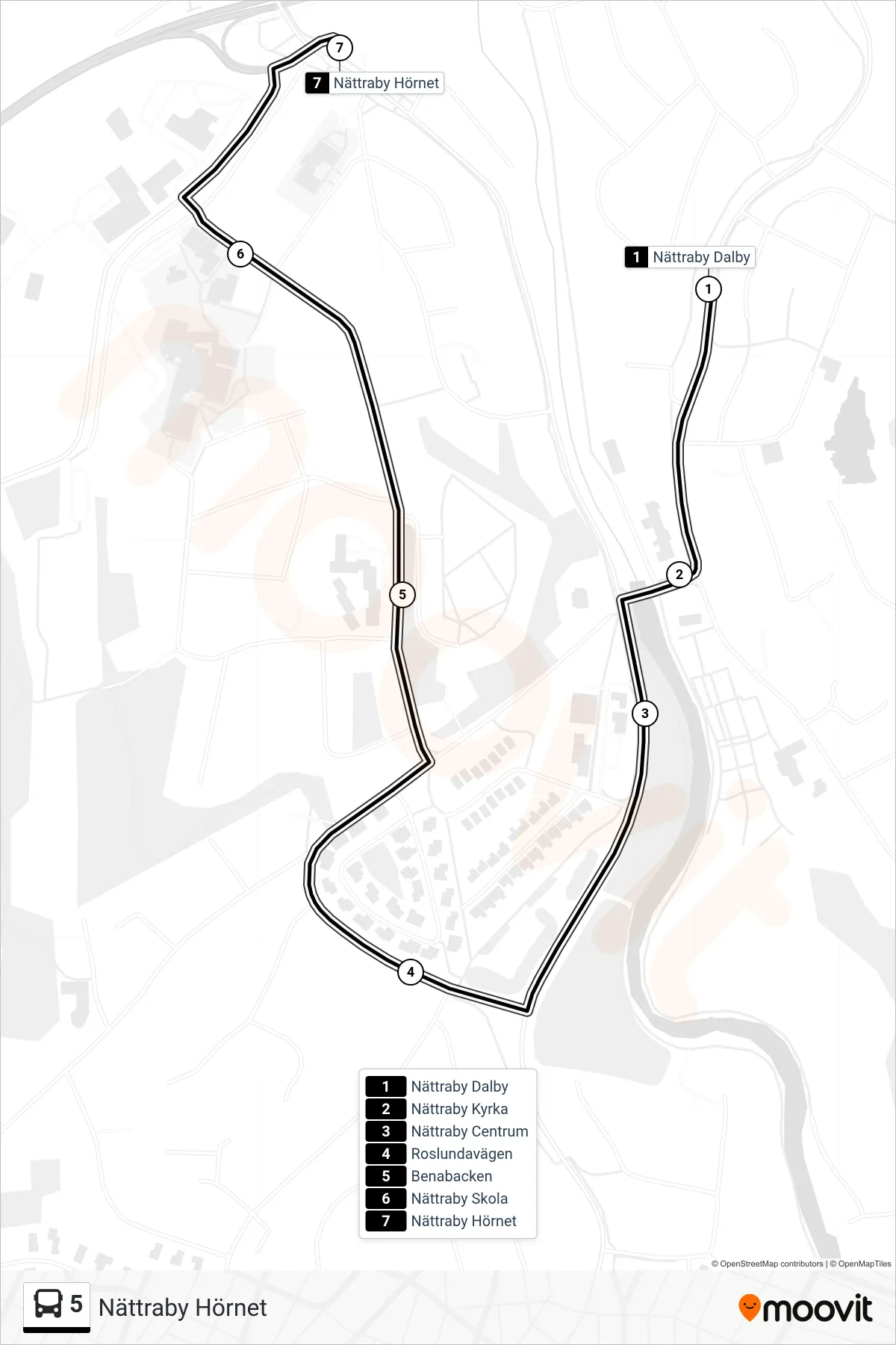 Rutt och hållplatser på karta för linje 5 buss, (Nättraby Hörnet)