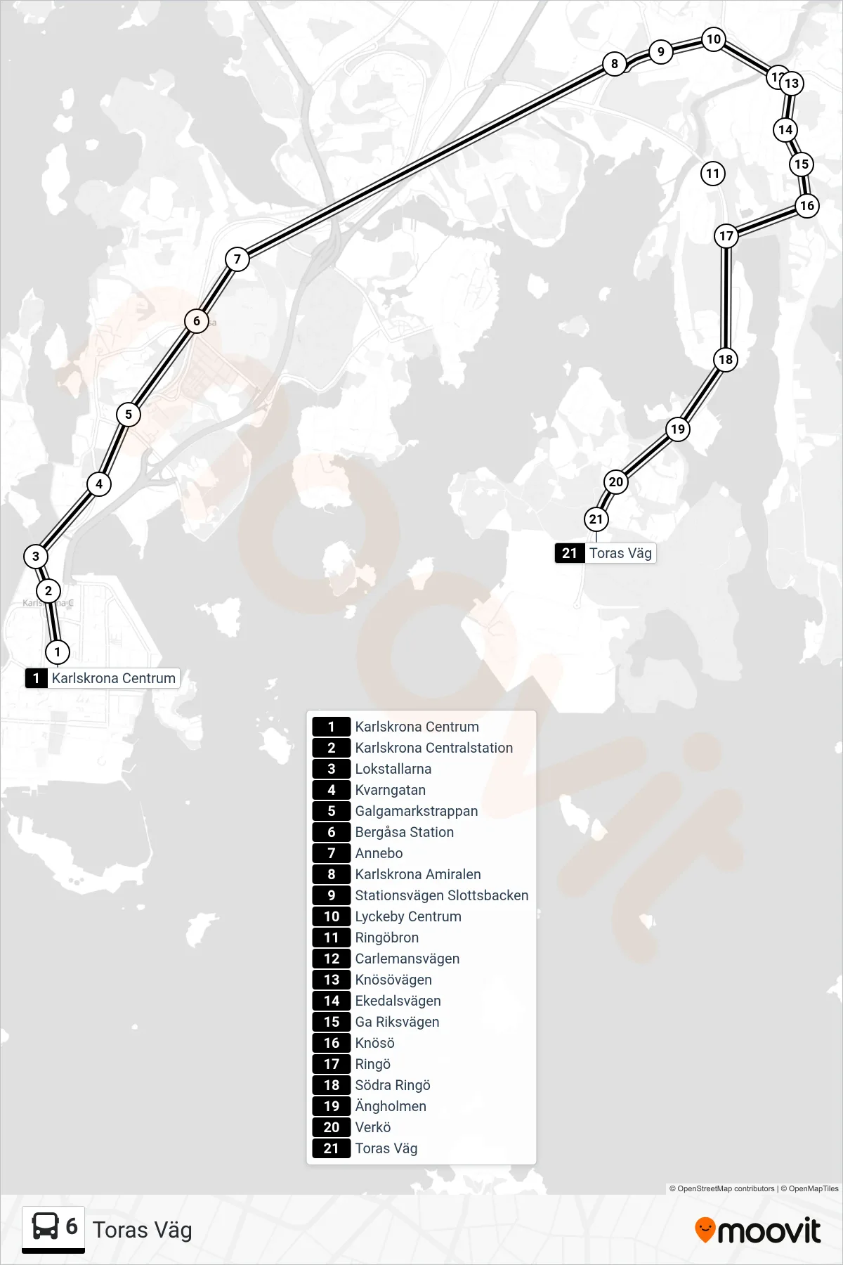 Rutt och hållplatser på karta för linje 6  buss, (Toras Väg)