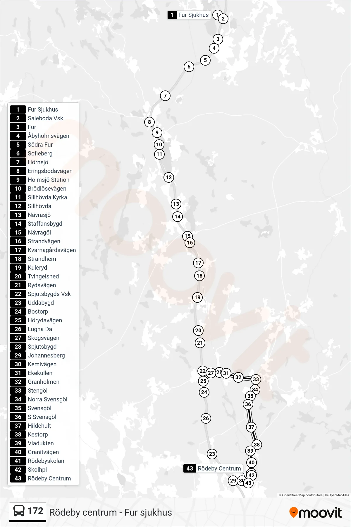 Rutt och hållplatser på karta för linje 172  buss, (Rödeby Centrum)