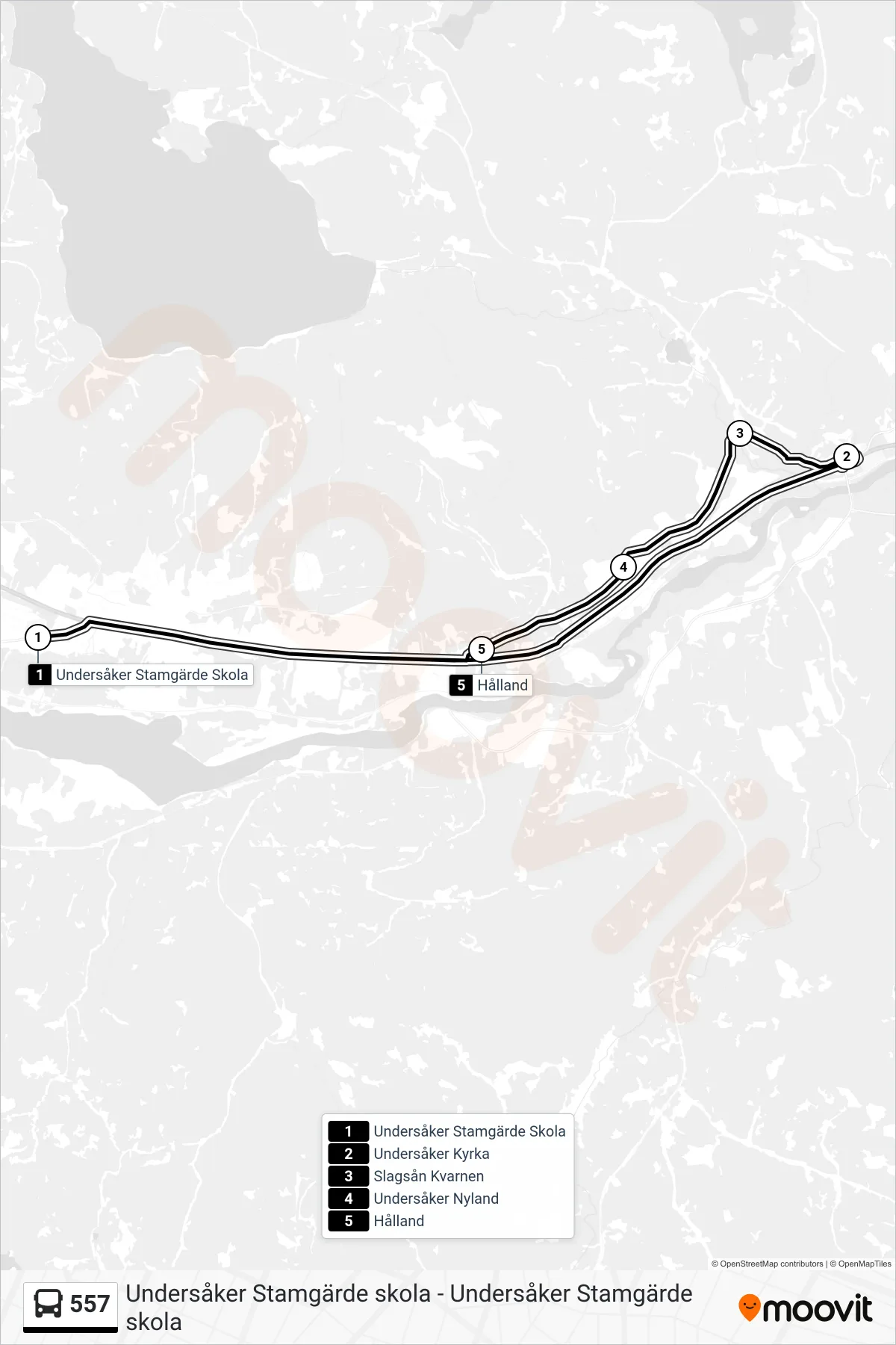Rutt och hållplatser på karta för linje 557 spårvagn, (Undersåker Stamgärde Skola)