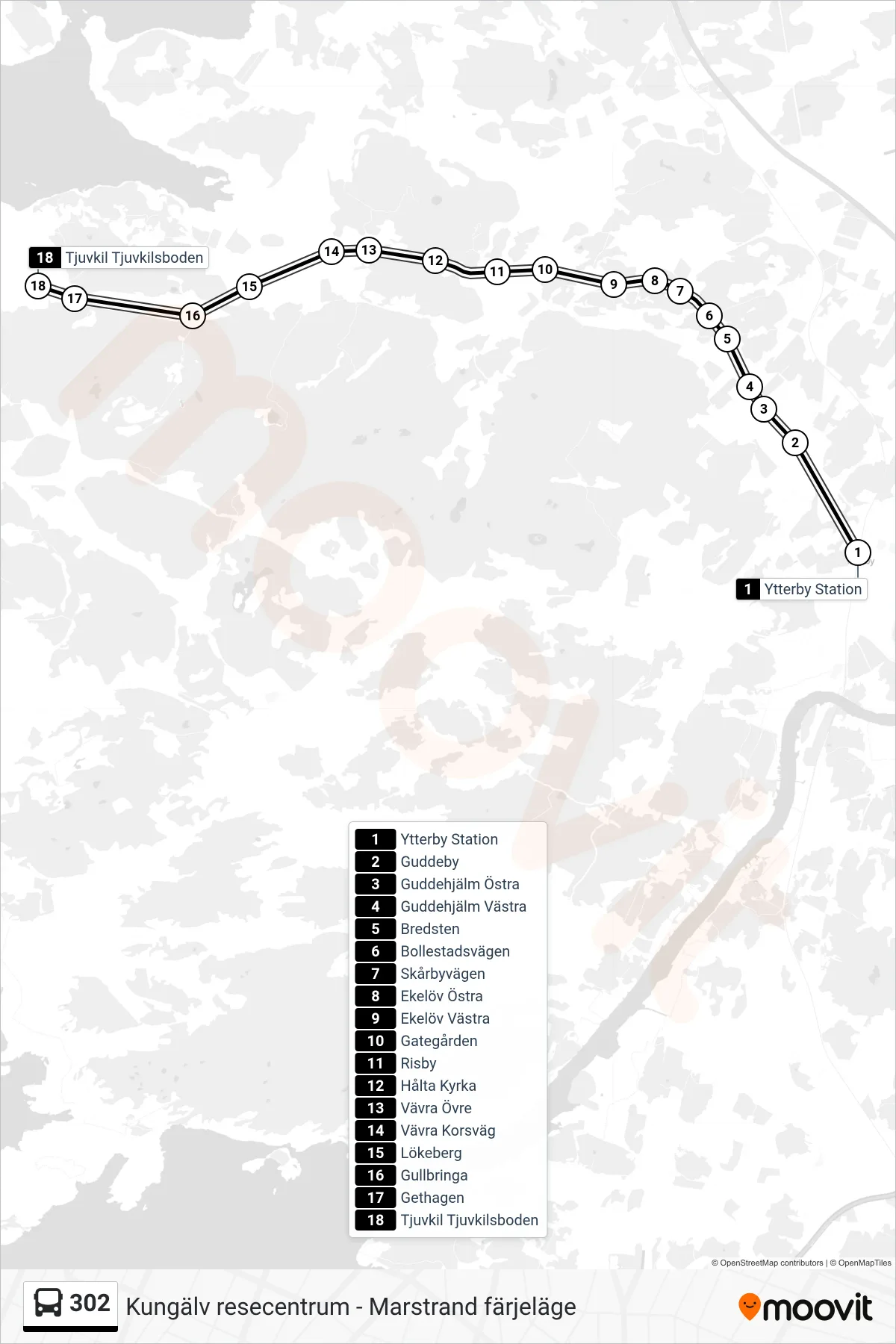 Rutt och hållplatser på karta för linje 302 spårvagn, (Tjuvkil Tjuvkilsboden)