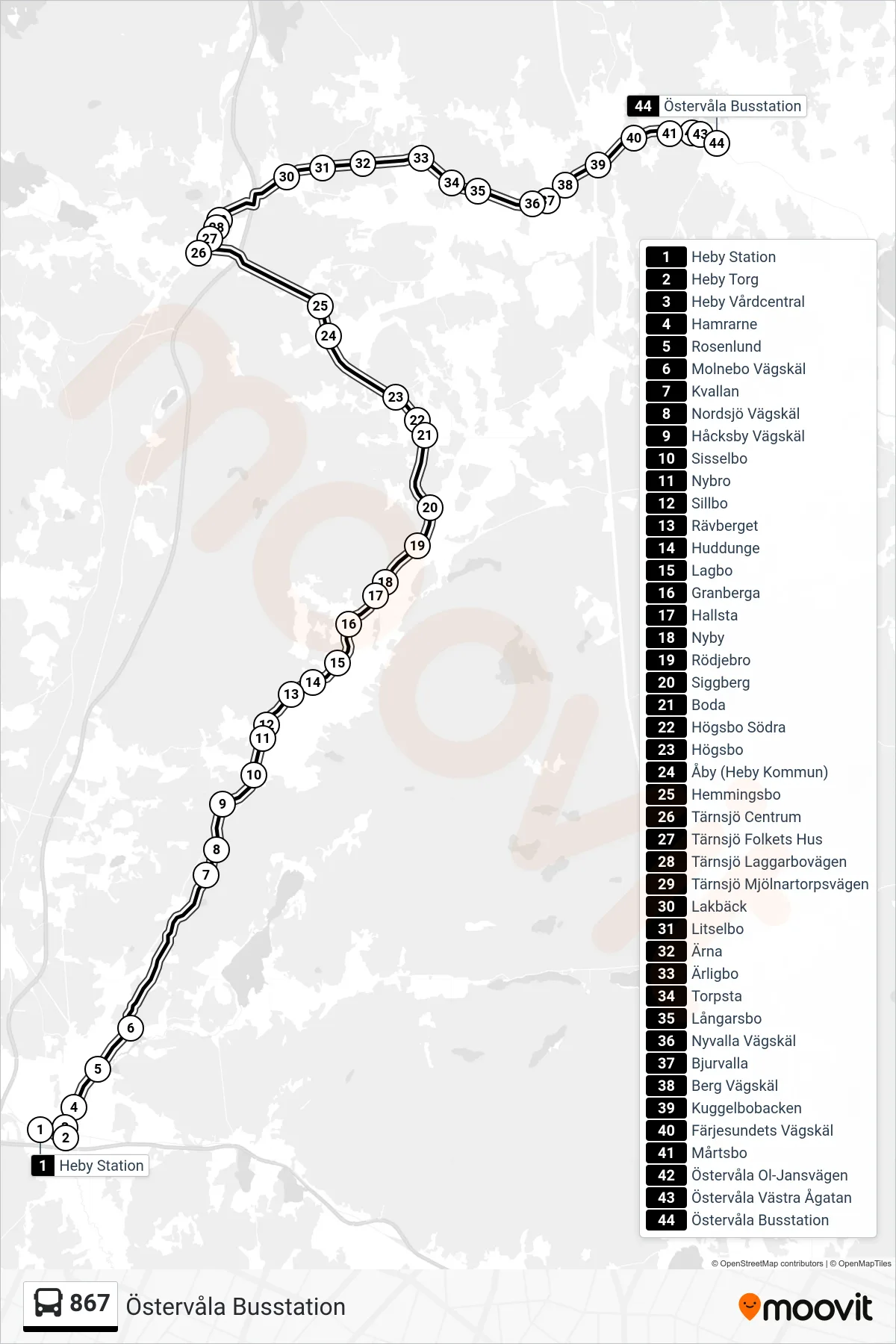 Rutt och hållplatser på karta för linje 867  buss, (Östervåla Busstation)