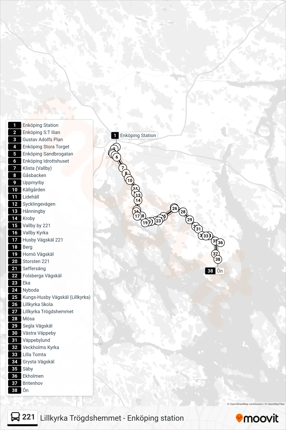 Rutt och hållplatser på karta för linje 221 buss, (Ön)