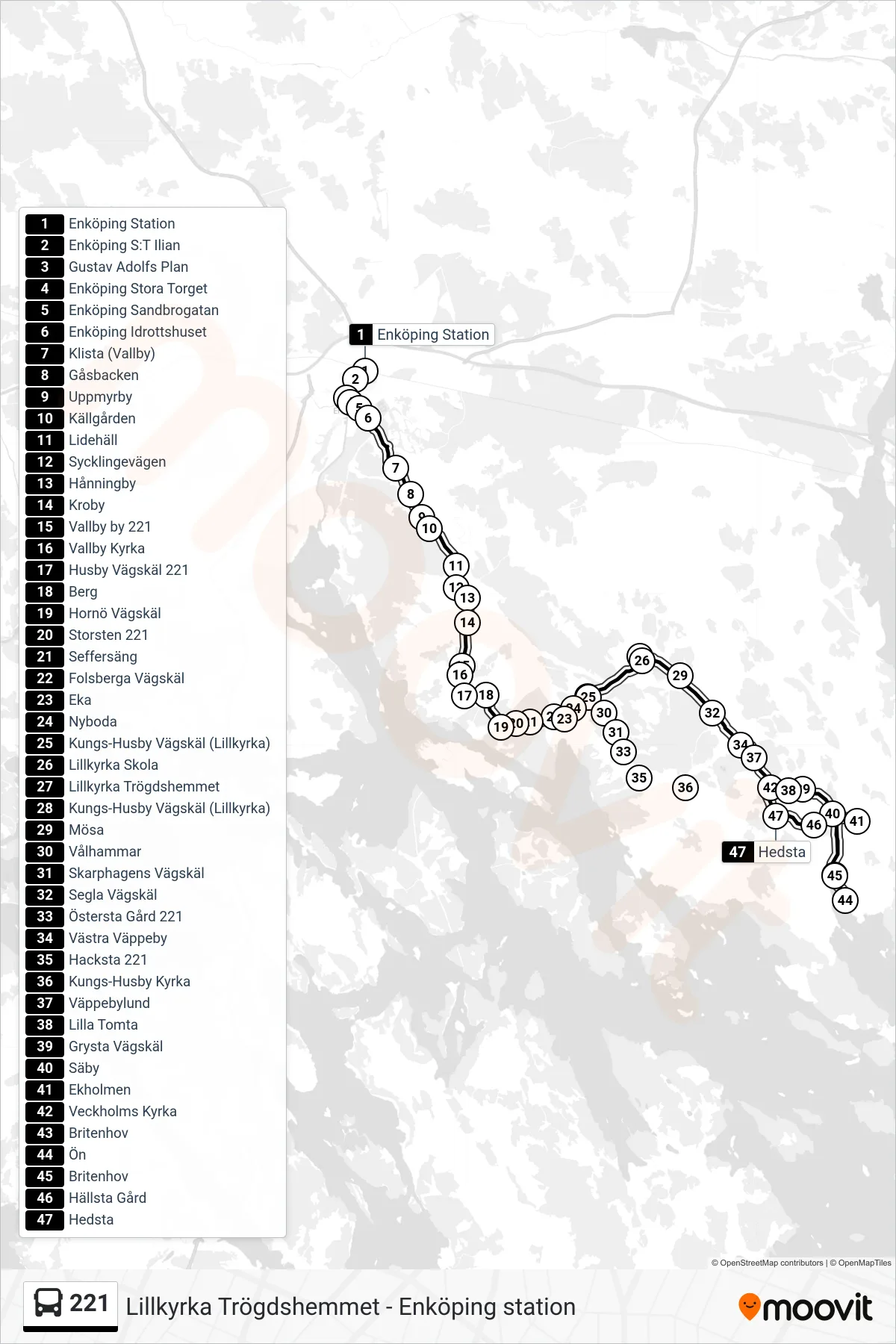 Rutt och hållplatser på karta för linje 221  buss, (Veckholms Kyrka)