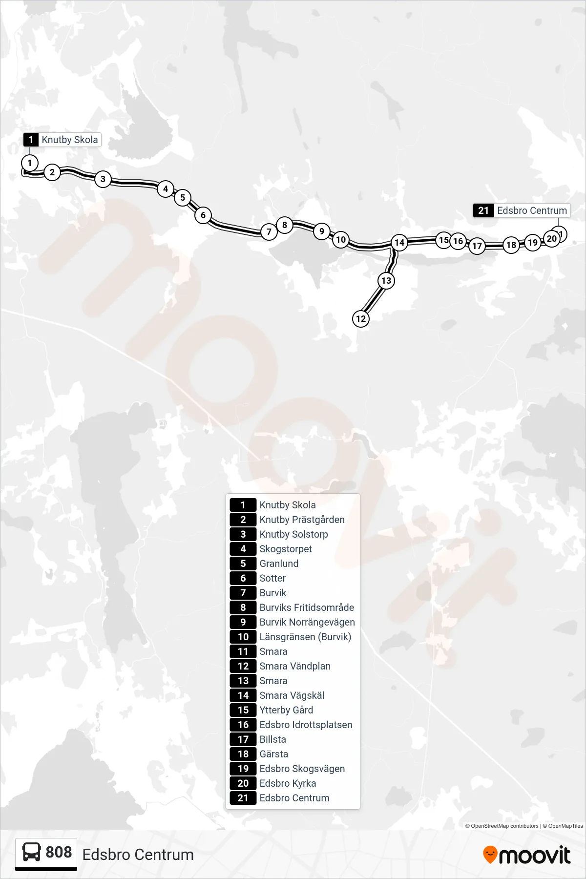 Rutt och hållplatser på karta för linje 808 buss, (Edsbro Centrum)