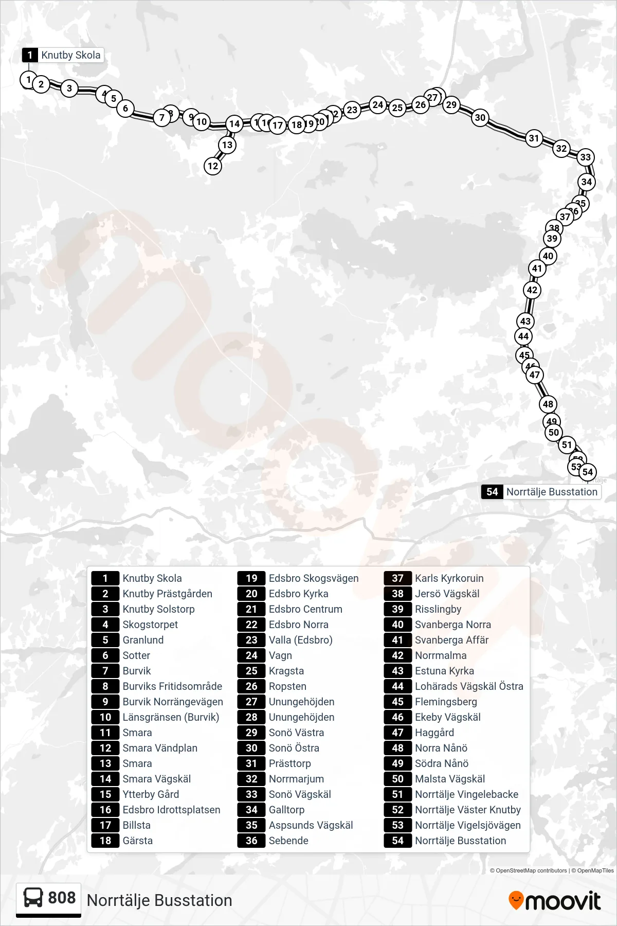Rutt och hållplatser på karta för linje 808 buss, (Norrtälje Busstation)