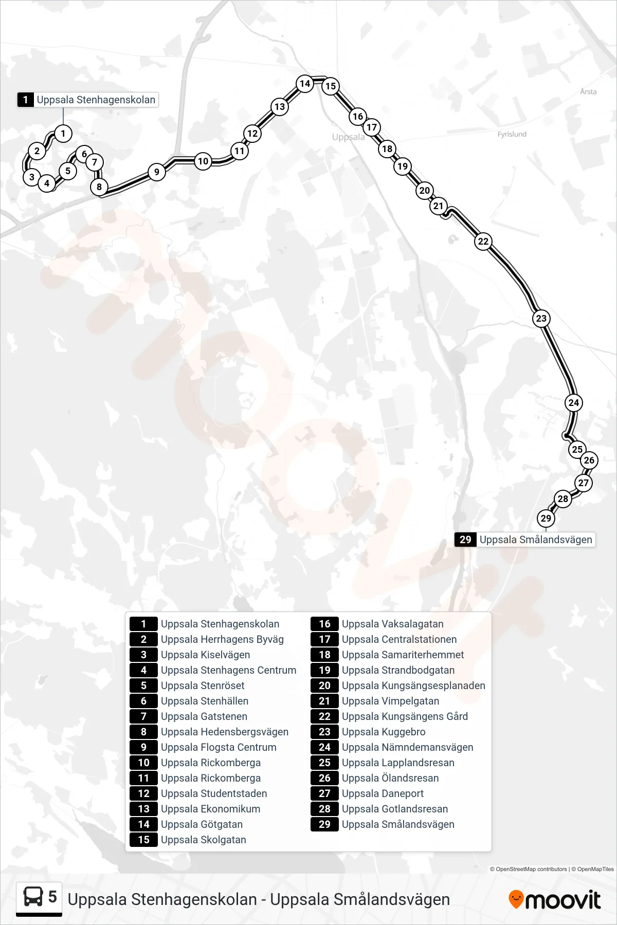 Rutt och hållplatser på karta för linje 5 buss, (Uppsala Smålandsvägen)