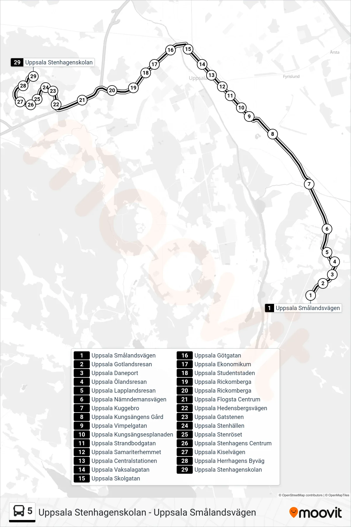 Rutt och hållplatser på karta för linje 5  buss, (Uppsala Stenhagenskolan)