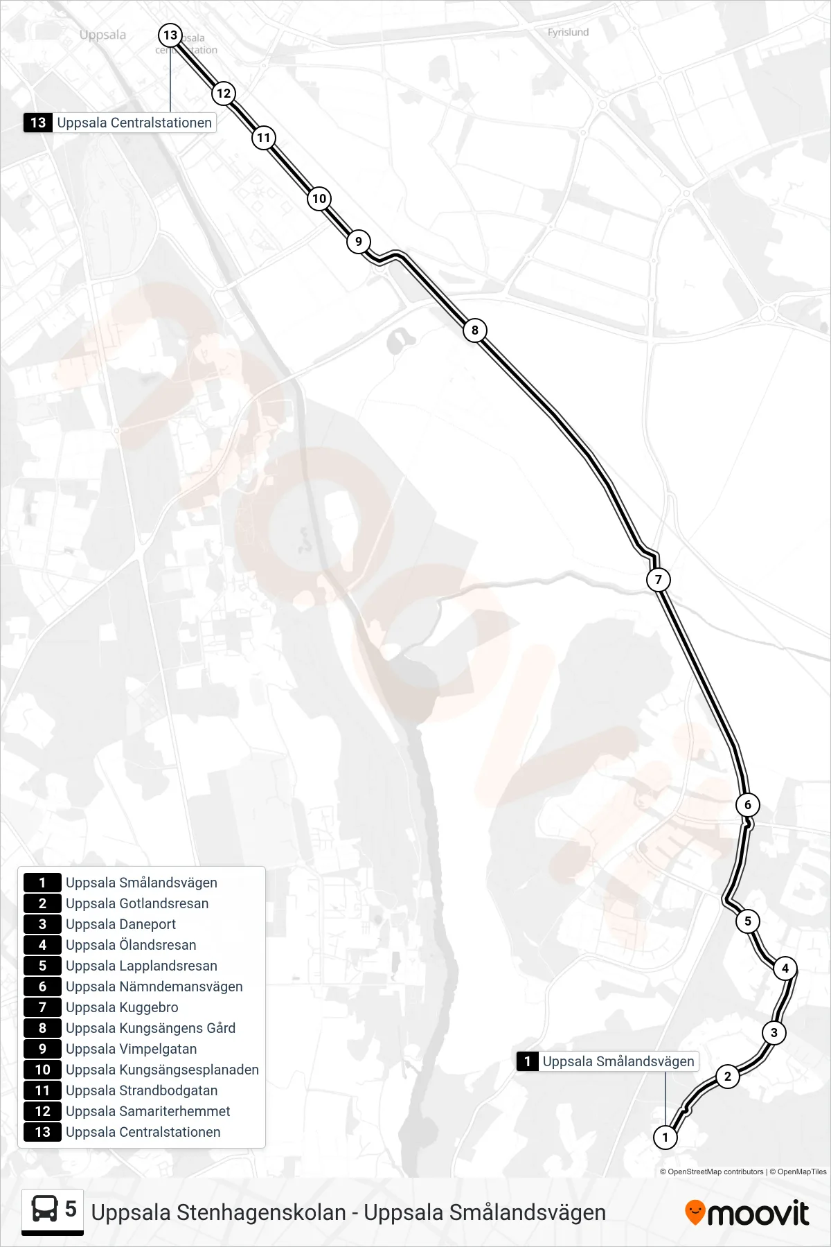 Rutt och hållplatser på karta för linje 5 buss, (Uppsala Centralstationen)