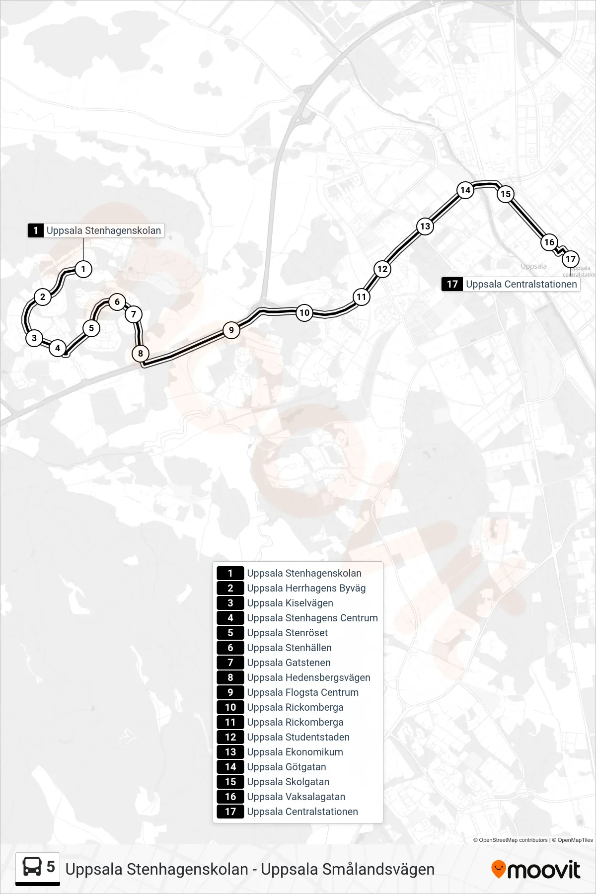 Rutt och hållplatser på karta för linje 5 buss, (Uppsala Centralstationen)