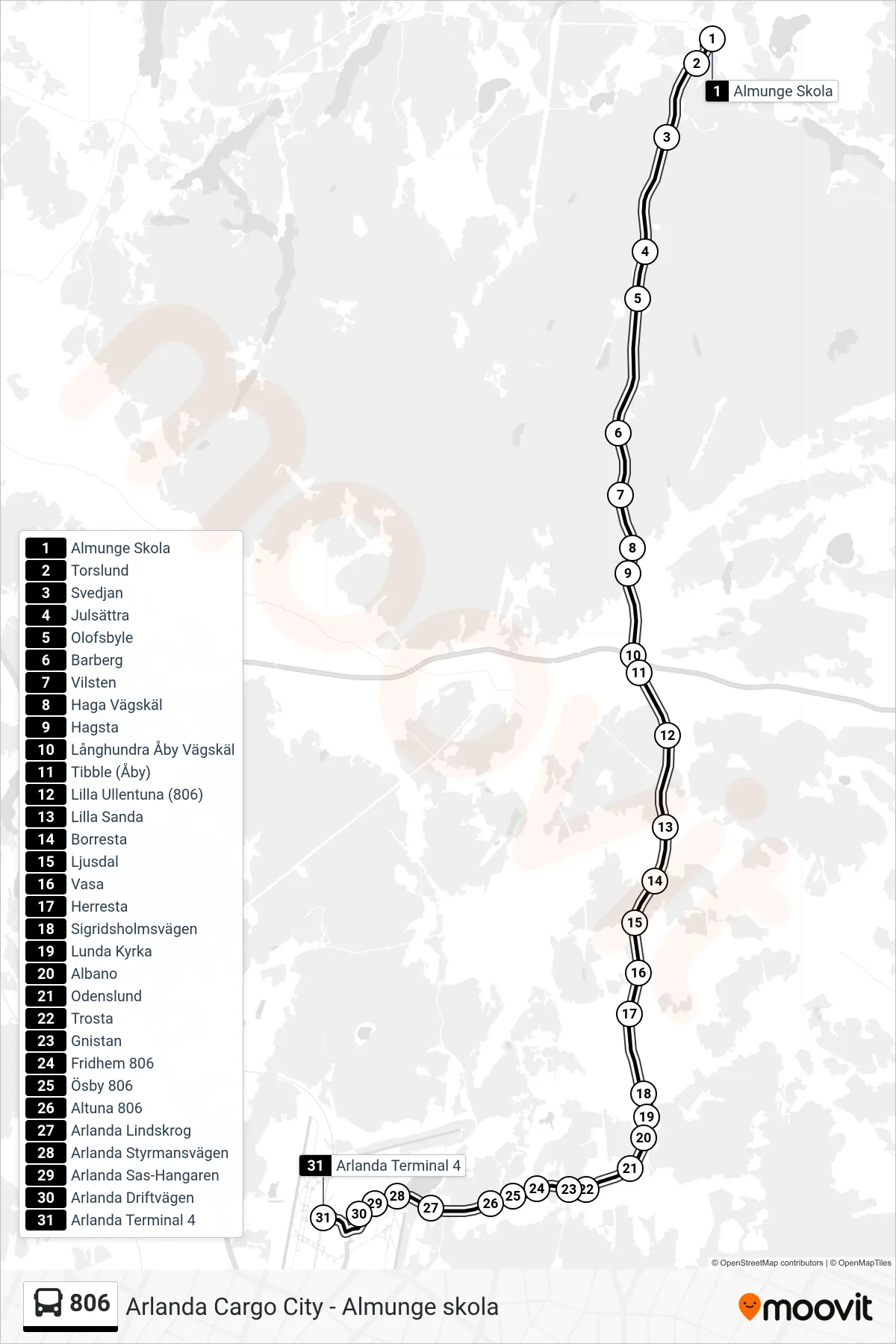 Rutt och hållplatser på karta för linje 806  buss, (Arlanda Terminal 4)