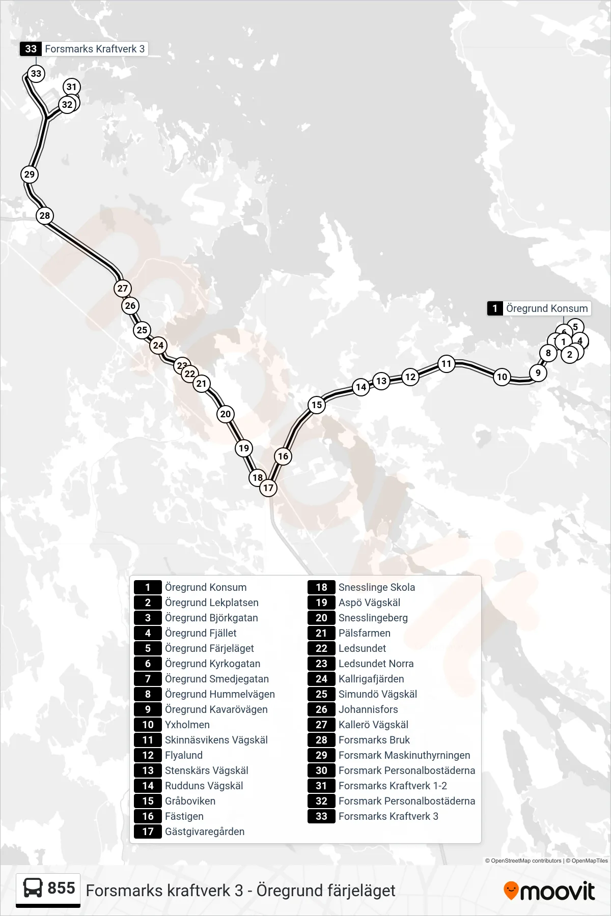 Rutt och hållplatser på karta för linje 855 buss, (Forsmarks Kraftverk 3)
