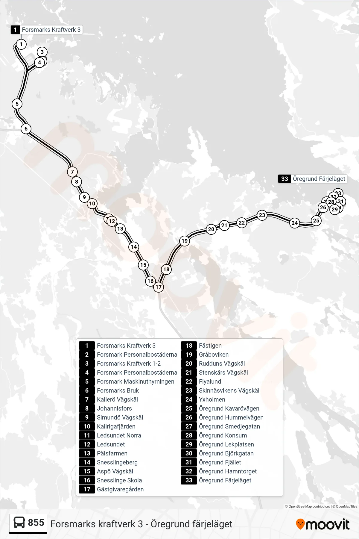 Rutt och hållplatser på karta för linje 855  buss, (Öregrund Färjeläget)
