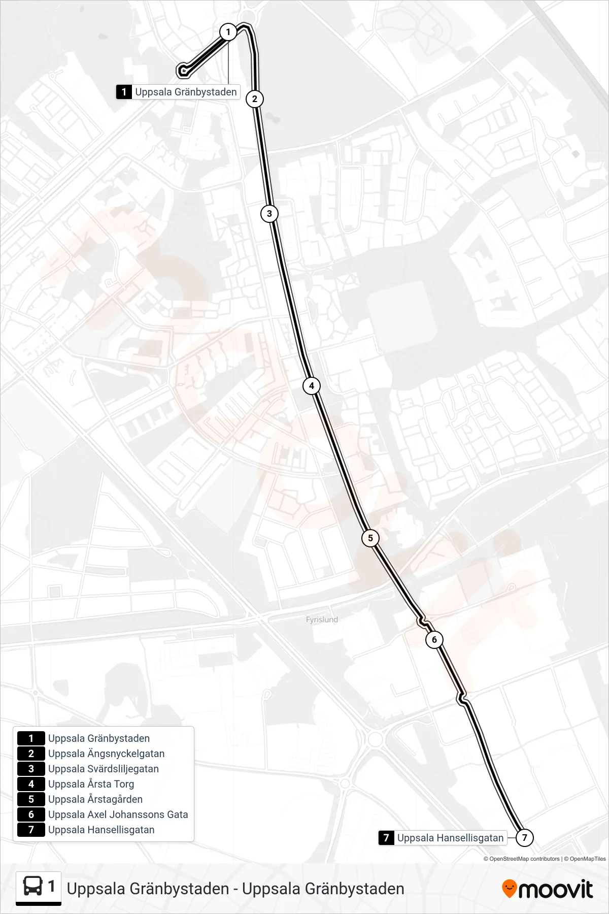 Rutt och hållplatser på karta för linje 1 buss, (Uppsala Hansellisgatan)