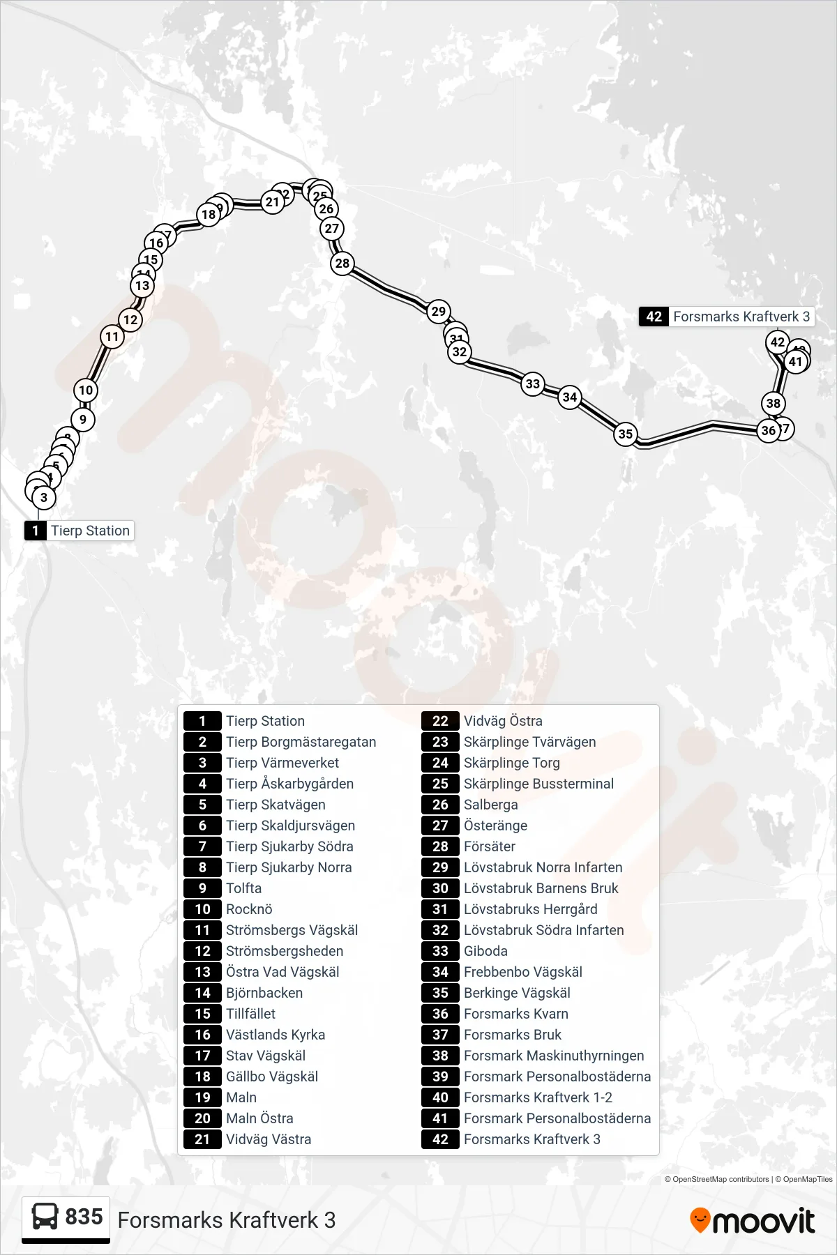 Rutt och hållplatser på karta för linje 835 buss, (Forsmarks Kraftverk 3)