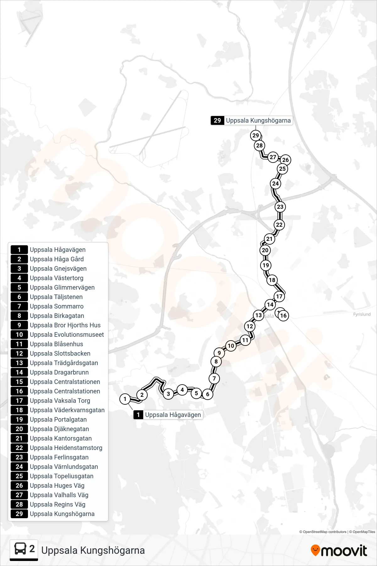 Rutt och hållplatser på karta för linje 2  buss, (Uppsala Kungshögarna)