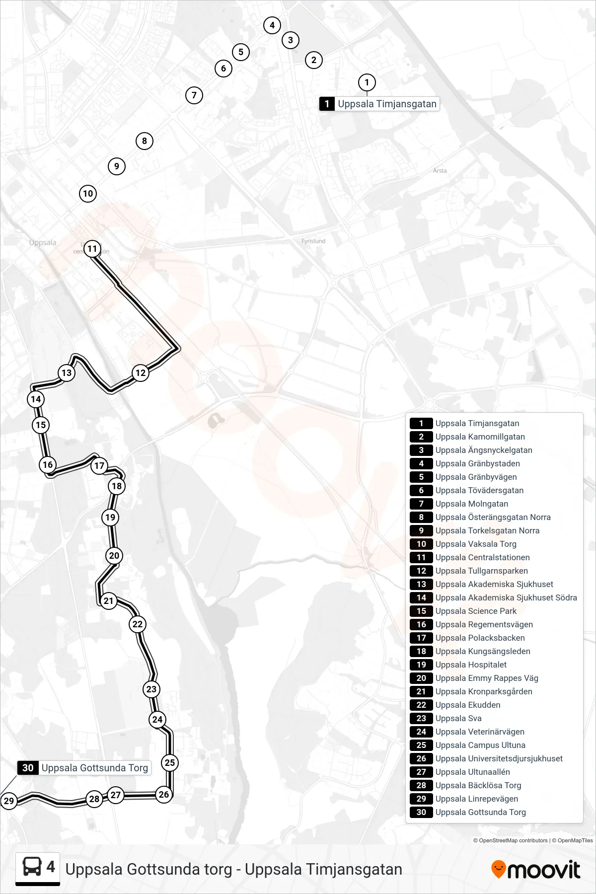 Rutt och hållplatser på karta för linje 4 buss, (Uppsala Gottsunda Torg)