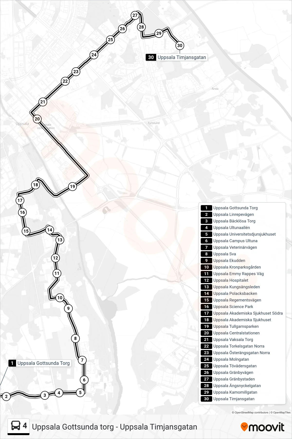 Rutt och hållplatser på karta för linje 4 buss, (Uppsala Timjansgatan)