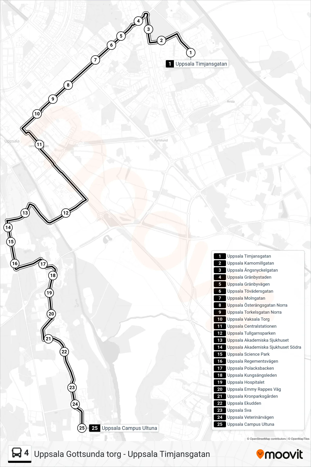 Rutt och hållplatser på karta för linje 4 buss, (Uppsala Campus Ultuna)