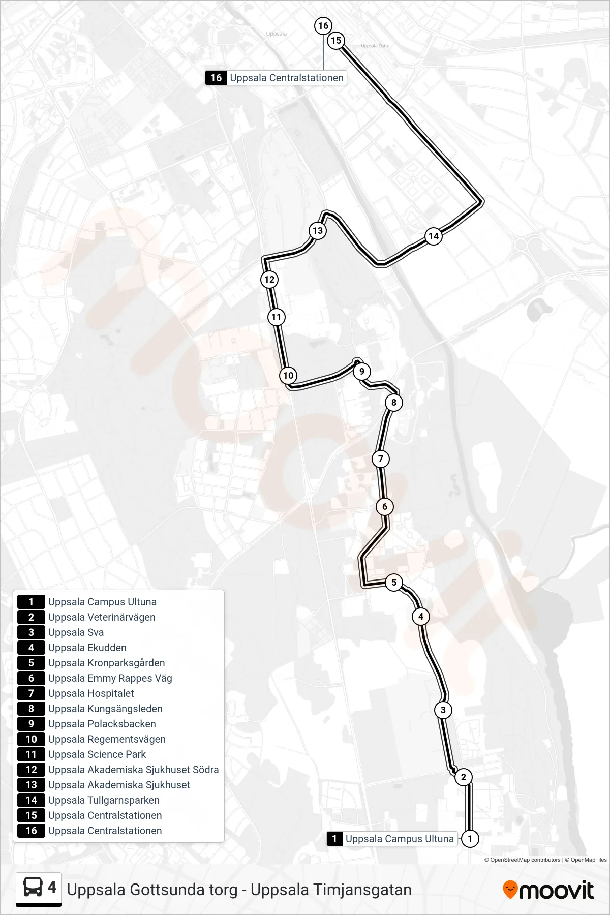 Rutt och hållplatser på karta för linje 4 buss, (Uppsala Centralstationen)