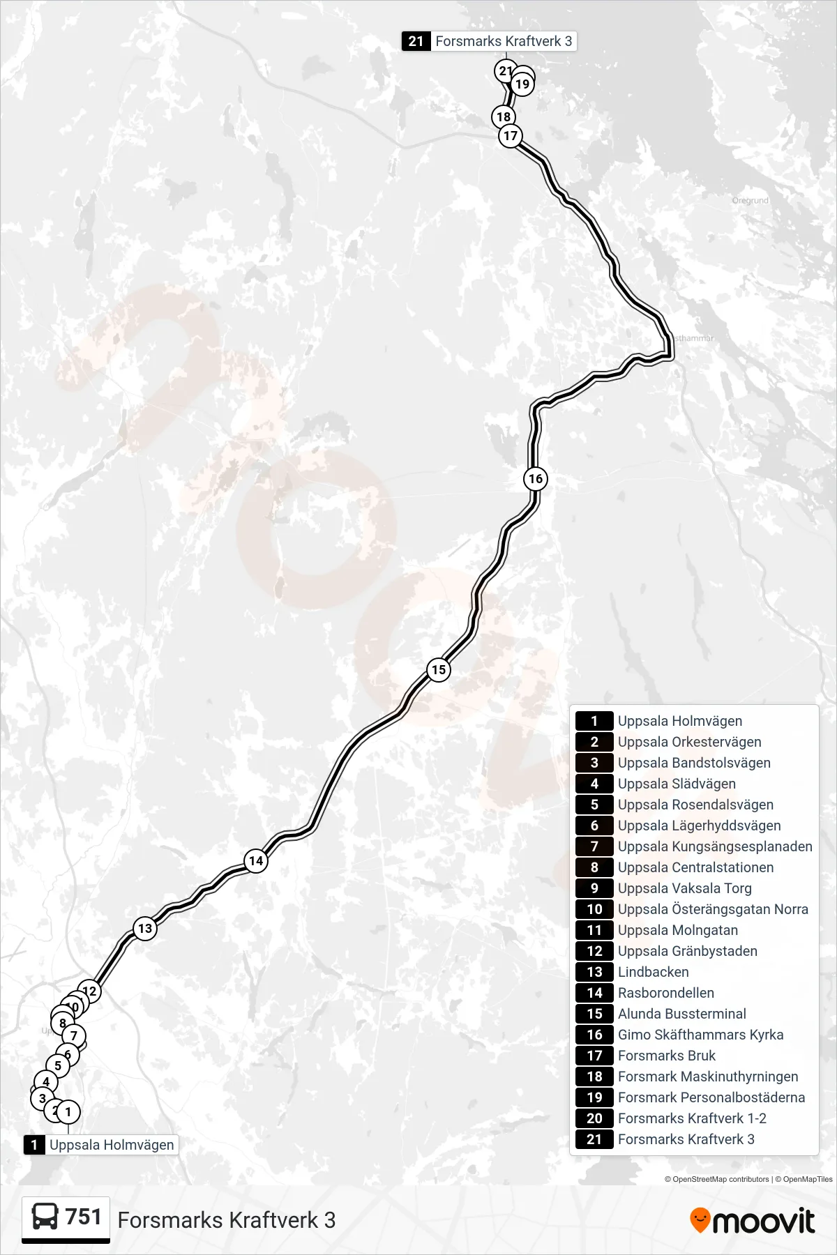 Rutt och hållplatser på karta för linje 751  buss, (Forsmarks Kraftverk 3)