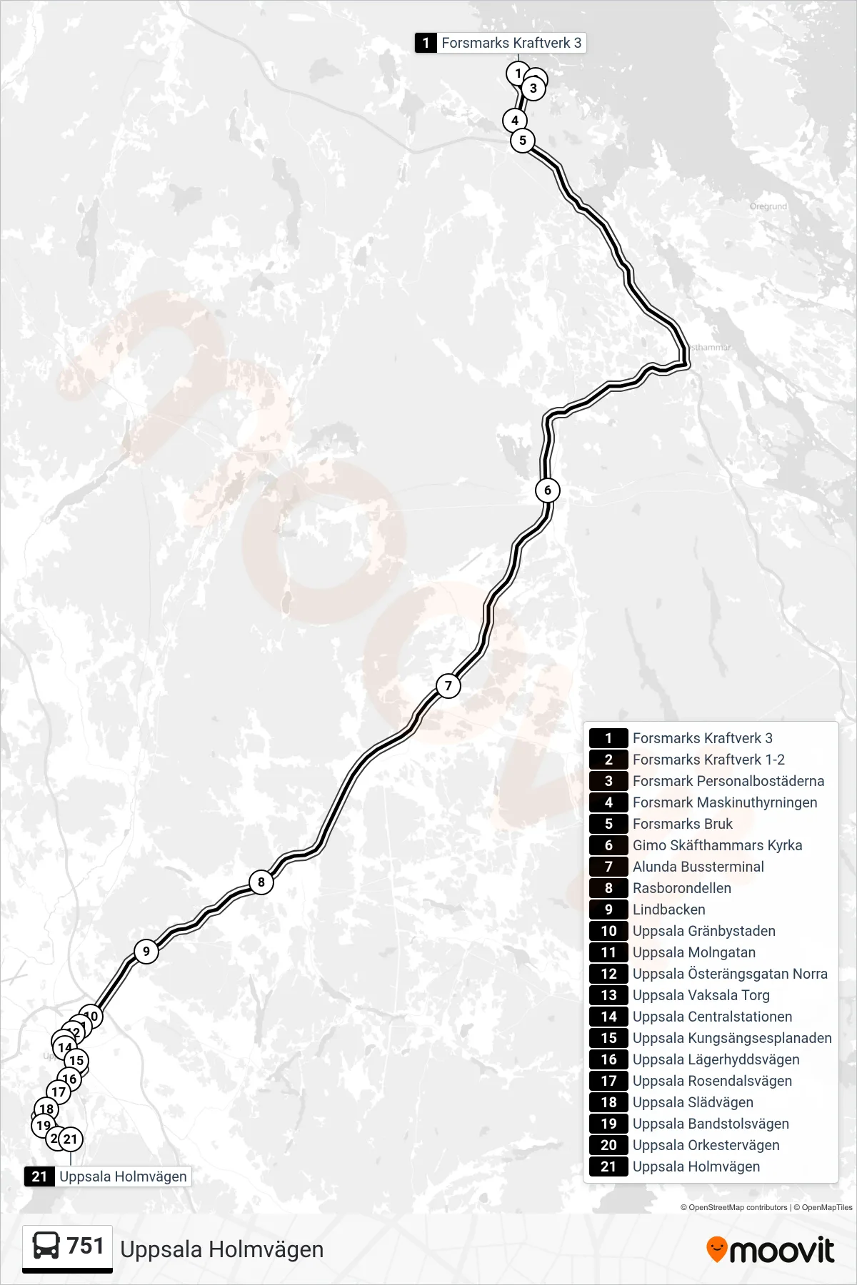 Rutt och hållplatser på karta för linje 751  buss, (Uppsala Holmvägen)