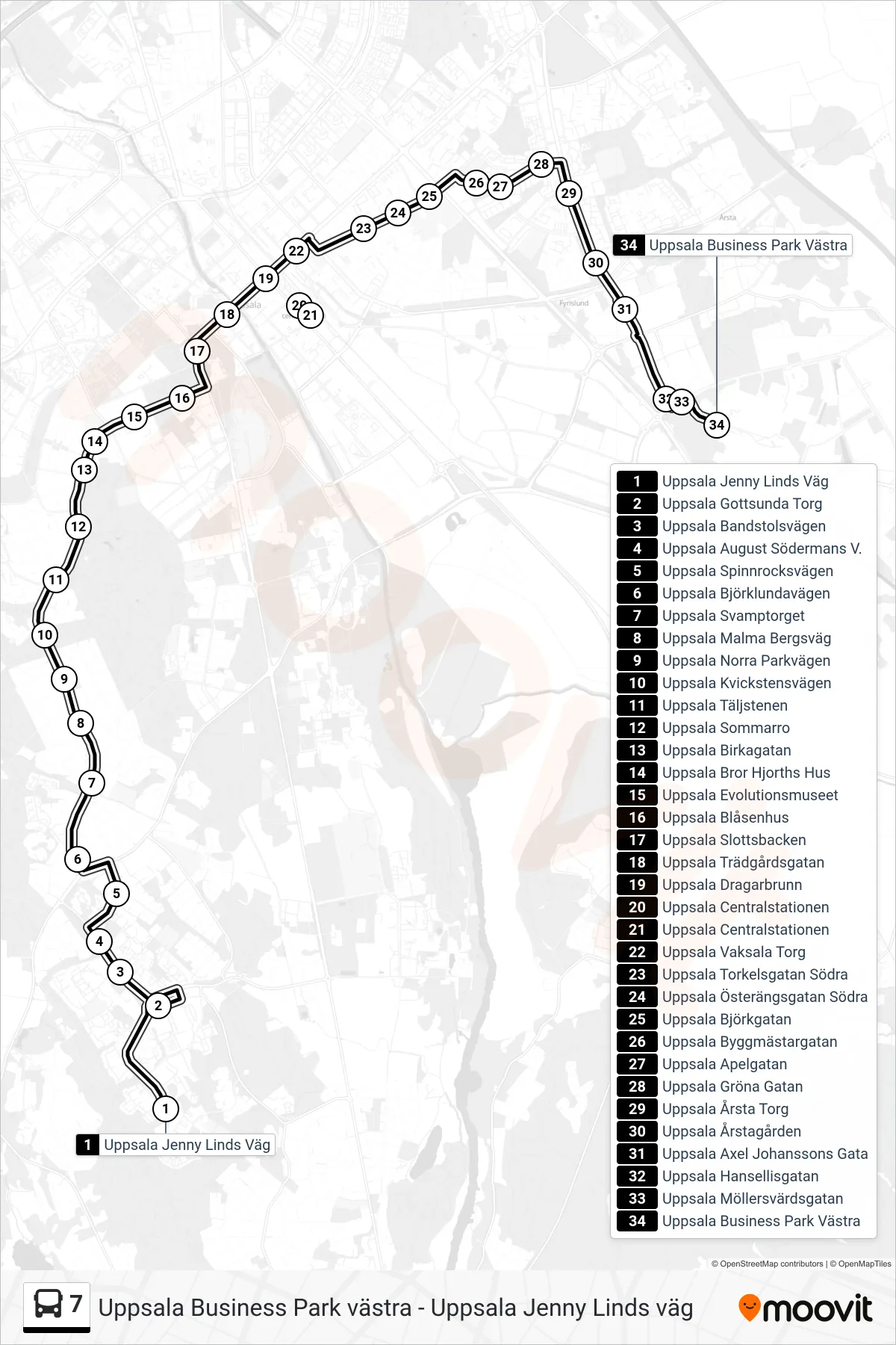 Rutt och hållplatser på karta för linje 7 buss, (Uppsala Business Park Västra)