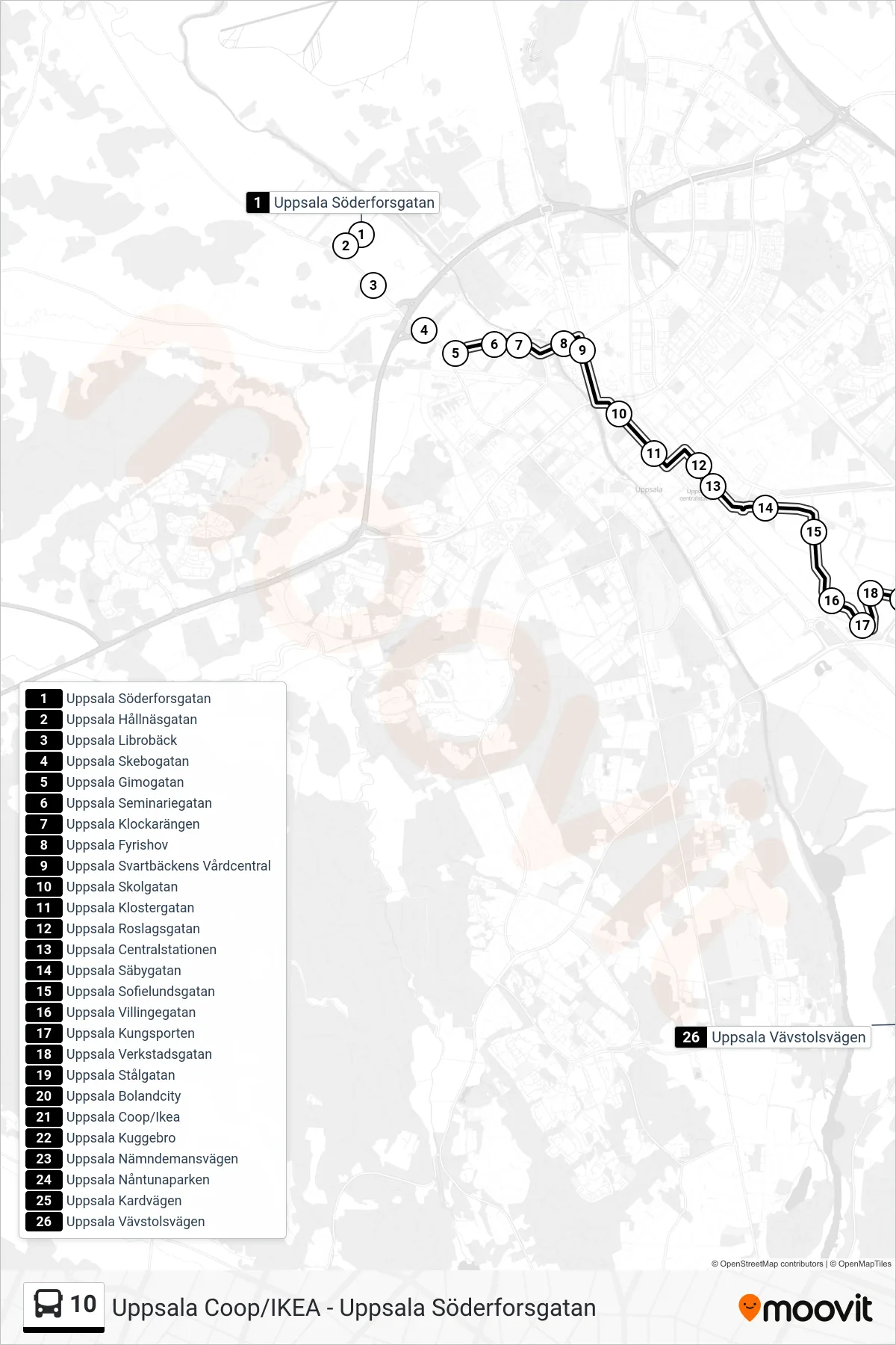 Rutt och hållplatser på karta för linje 10 buss, (Uppsala Vävstolsvägen)