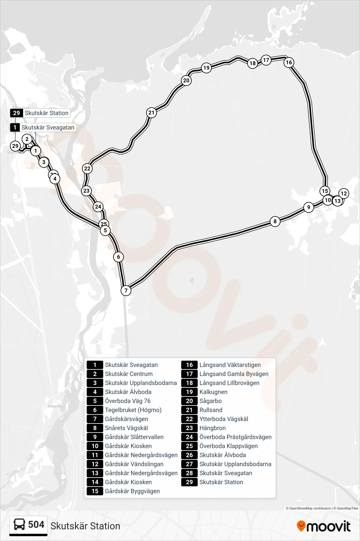 Rutt och hållplatser på karta för linje 504  buss, (Skutskär Station)