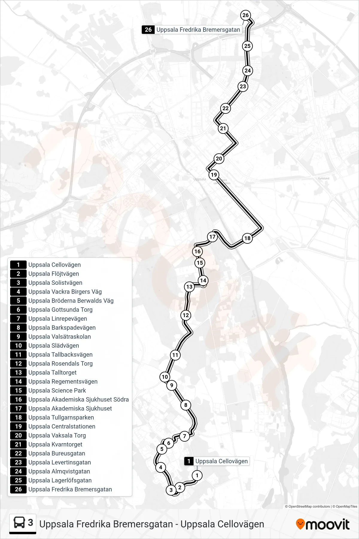 Rutt och hållplatser på karta för linje 3 buss, (Uppsala Fredrika Bremersgatan)