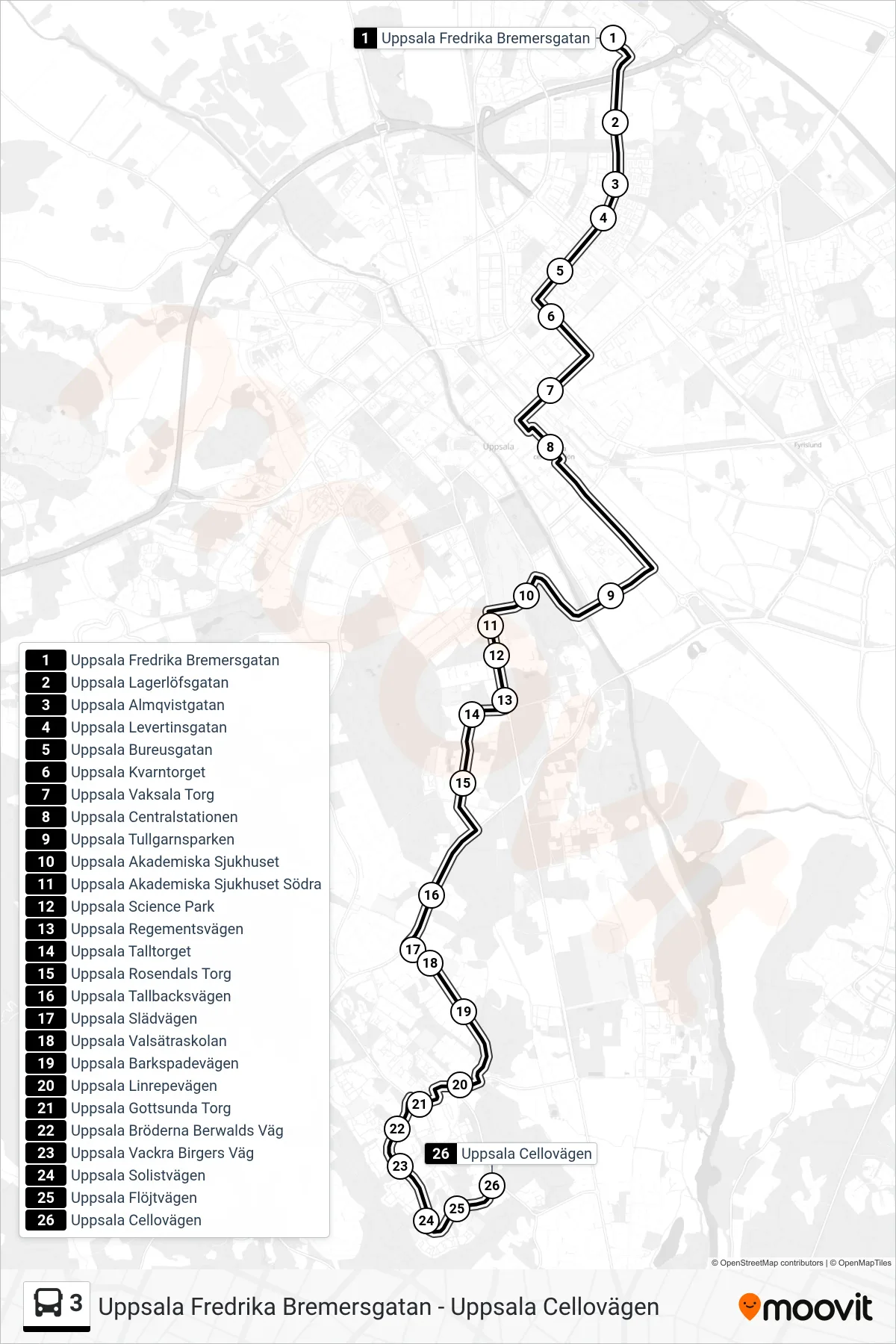Rutt och hållplatser på karta för linje 3 buss, (Uppsala Cellovägen)