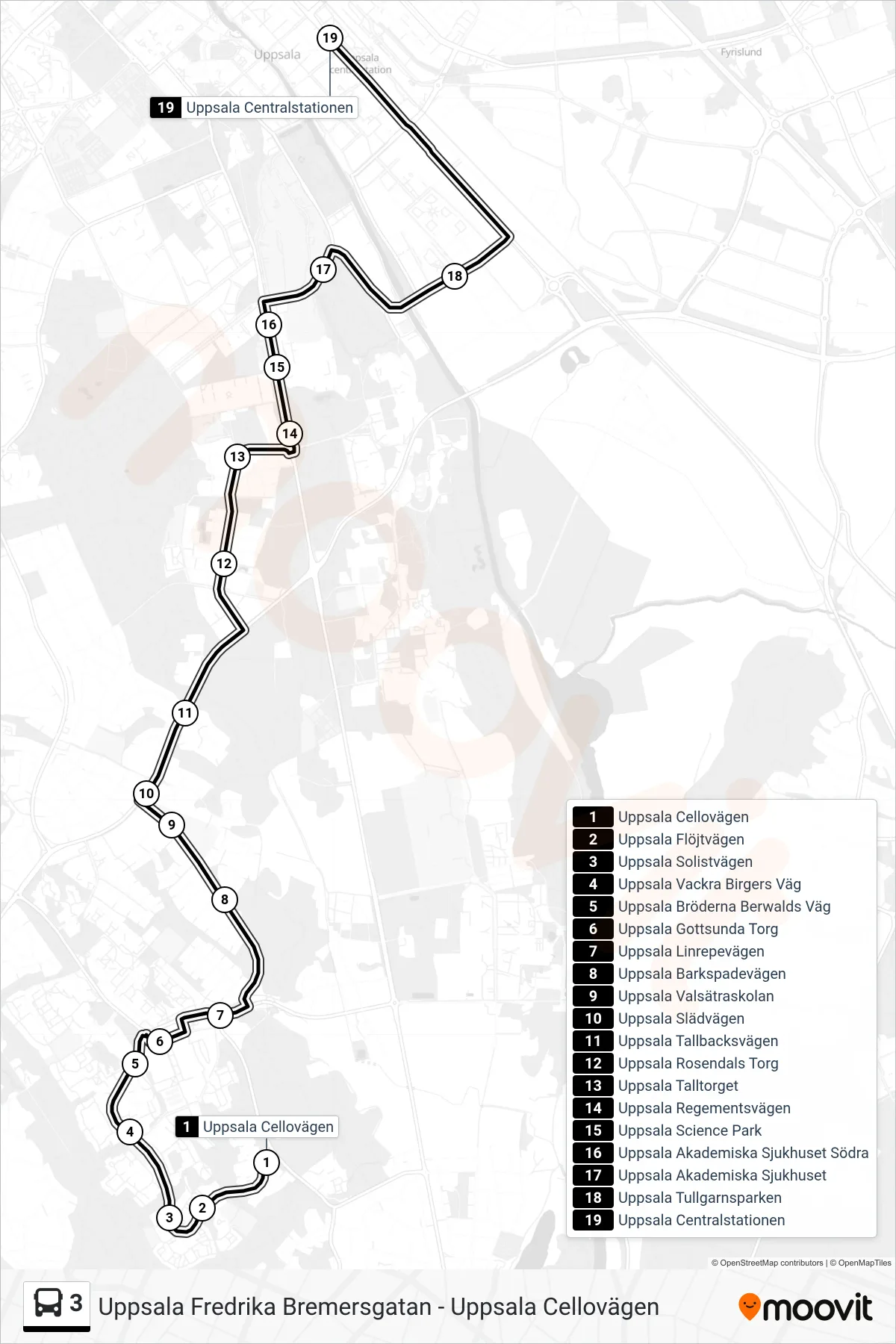 Rutt och hållplatser på karta för linje 3 buss, (Uppsala Centralstationen)