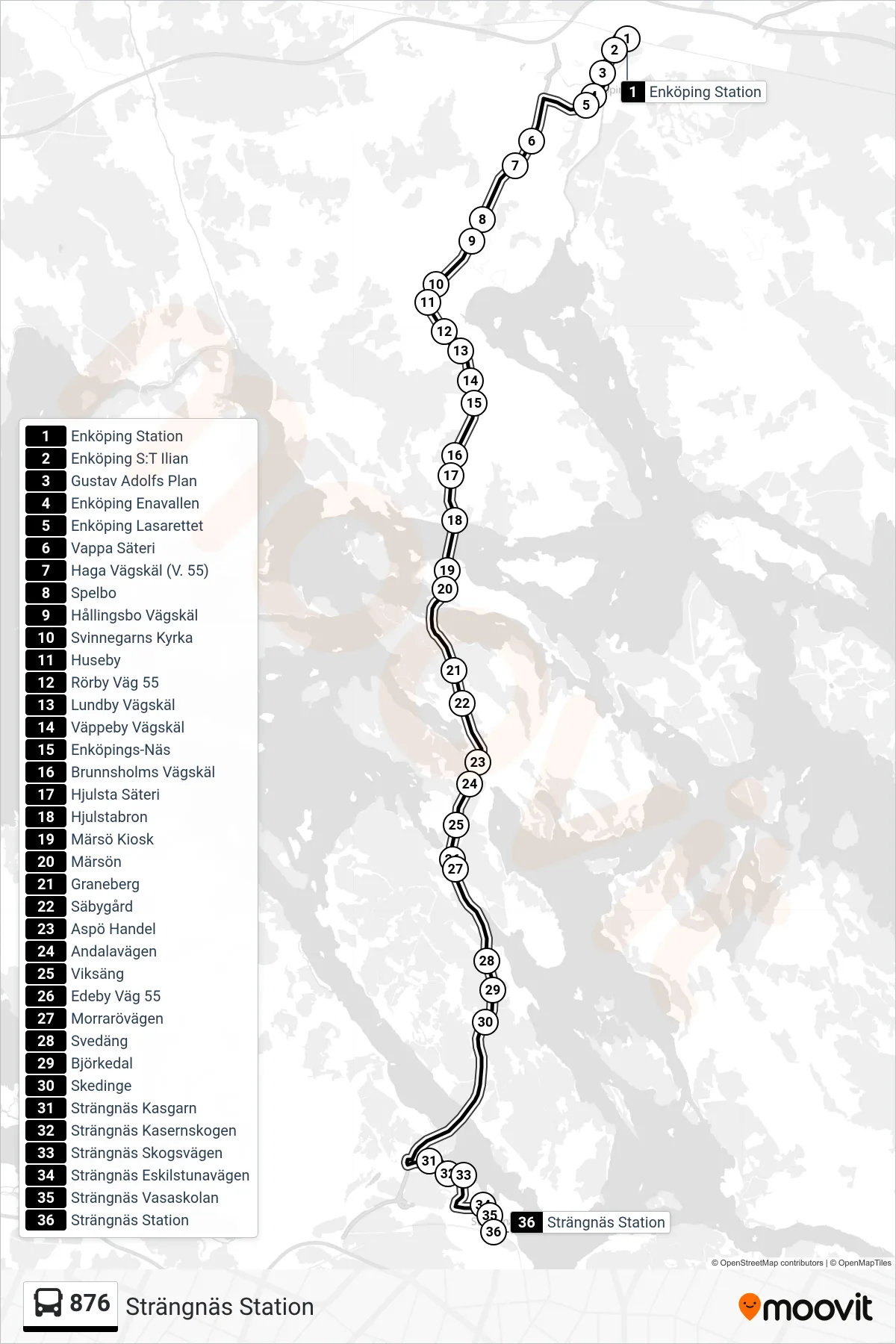 Rutt och hållplatser på karta för linje 876  buss, (Strängnäs Station)