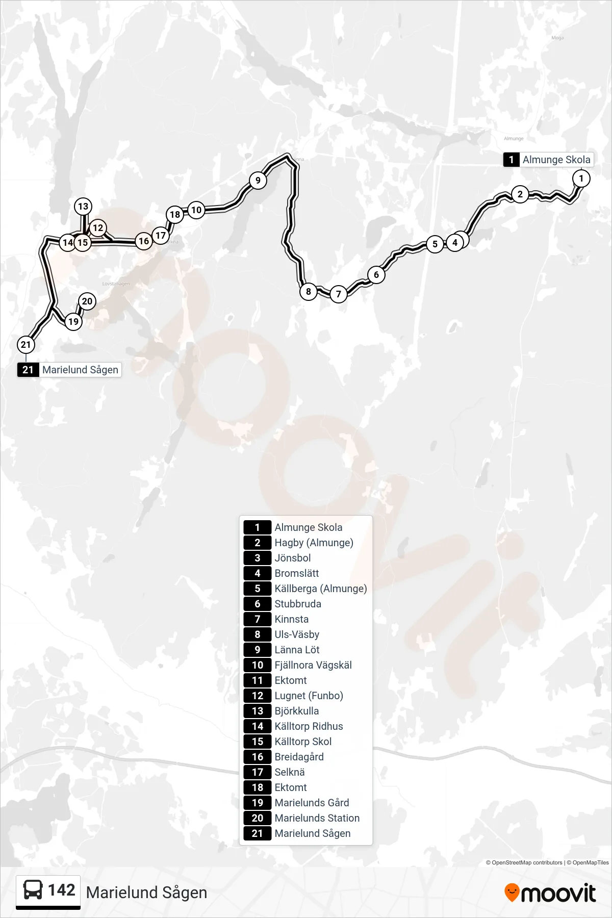 Rutt och hållplatser på karta för linje 142 buss, (Marielund Sågen)